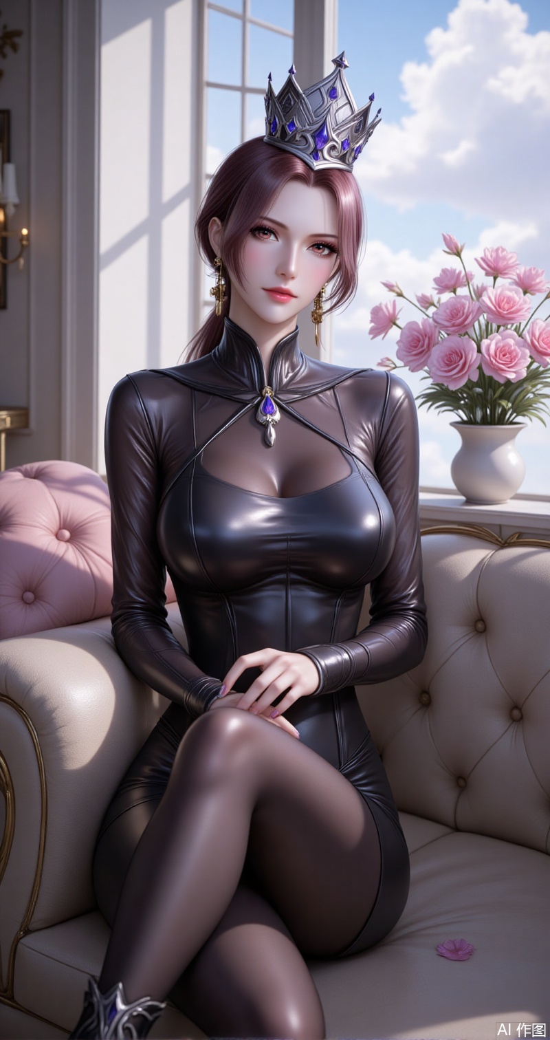 lvjing,baoshi,bibidong,1girl, brown hair,solo, portrait, pony-tail,low ponytail,looking at viewer, gem, crown,hat,blurry, short hair, lips, parted lips,1girl,solo,breasts,looking at viewer,large breasts,long sleeves,holding,jewelry,sitting,closed mouth,full body,flower,boots,day,cloud,indoors,black footwear,high heels,lips,pillow,window,bodysuit,crossed legs,plant,couch,skin tight,high heel boots,shiny clothes,black bodysuit,holding flower,potted plant,on couch,latex,vase,flower pot,latex bodysuit,cover,simple background,gradient background,close-up details,outstanding style,adding a touch of dimension to your images without compromising details,close-up,