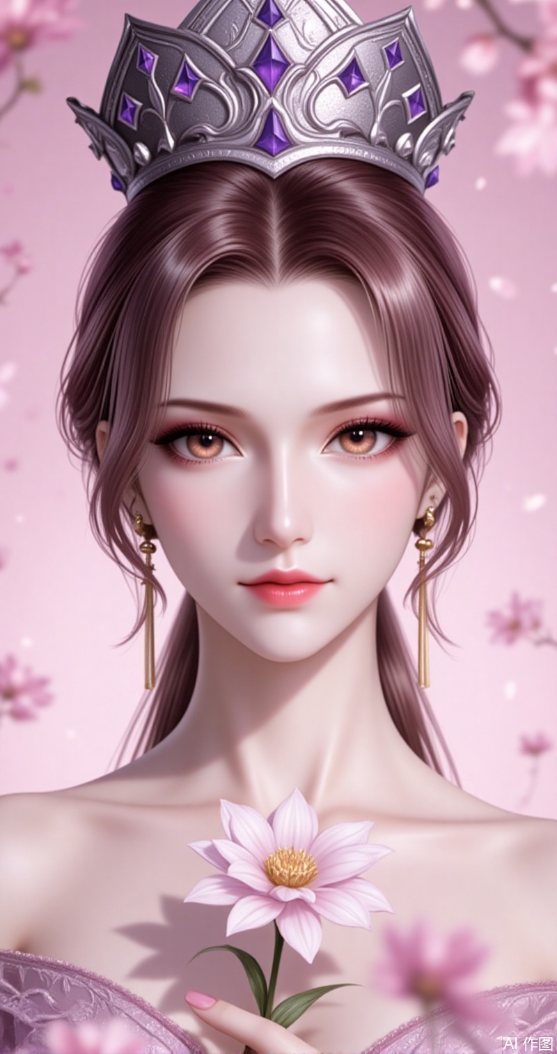 lvjing,baoshi,bibidong,1girl, brown hair,solo, portrait, pony-tail,low ponytail,looking at viewer, gem, crown,hat,blurry, short hair, lips, parted lips,1girl,solo,flower,pink background,holding,holding flower,turtleneck,looking at viewer,portrait,realistic,simple background,pink flower,lips,red lips,white flower,58,cover,simple background,gradient background,close-up details,outstanding style,adding a touch of dimension to your images without compromising details,close-up,