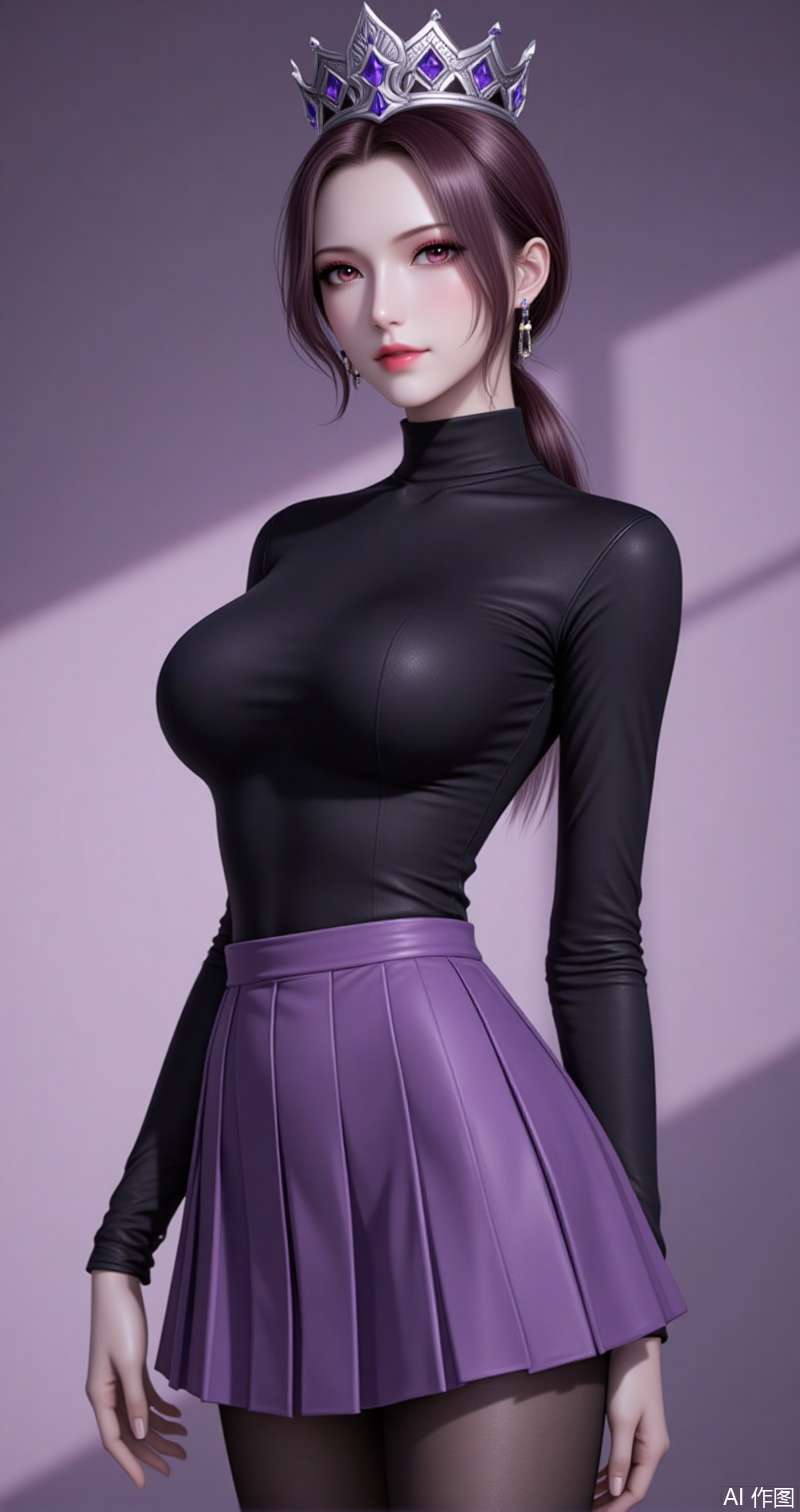 lvjing,baoshi,bibidong,1girl, brown hair,solo, portrait, pony-tail,low ponytail,looking at viewer, gem, crown,hat,blurry, short hair, lips, parted lips,1girl,breasts,skirt,solo,pantyhose,large breasts,purple skirt,covered navel,long sleeves,taut clothes,miniskirt,pleated skirt,turtleneck,black shirt,shirt,black pantyhose,taut shirt,64, cover,simple background,gradient background,close-up details,outstanding style,adding a touch of dimension to your images without compromising details,close-up