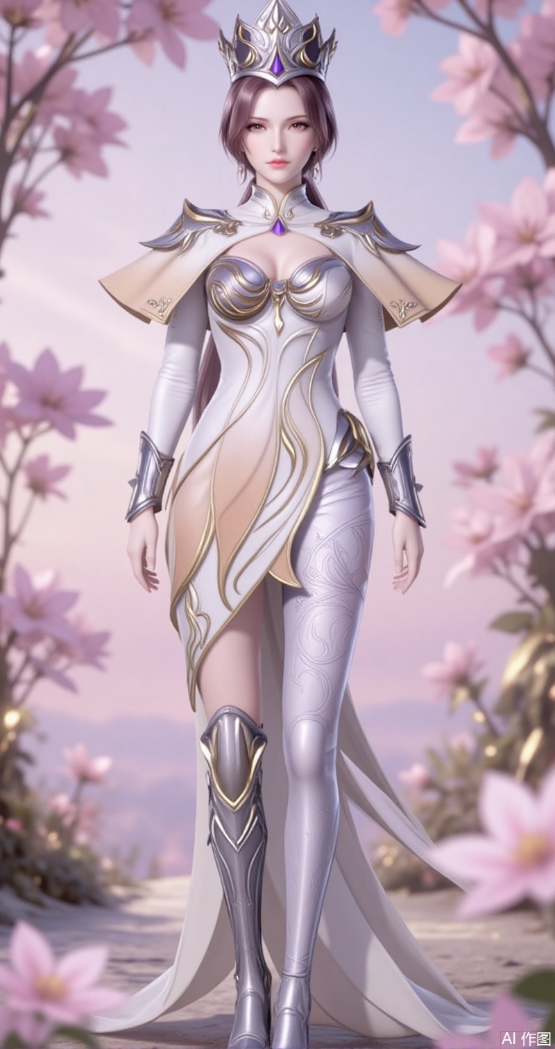 lvjing,baoshi,bibidong,1girl, brown hair,solo, portrait, pony-tail,low ponytail,looking at viewer, gem, crown,hat,blurry, short hair, lips, parted lips,huliena,1girl,solo,armor,boots,capelet,high heels,arms at sides,standing,dress,white dress,cover,gradient background,close-up details,outstanding style,adding a touch of dimension to your images without compromising details,close-up,
