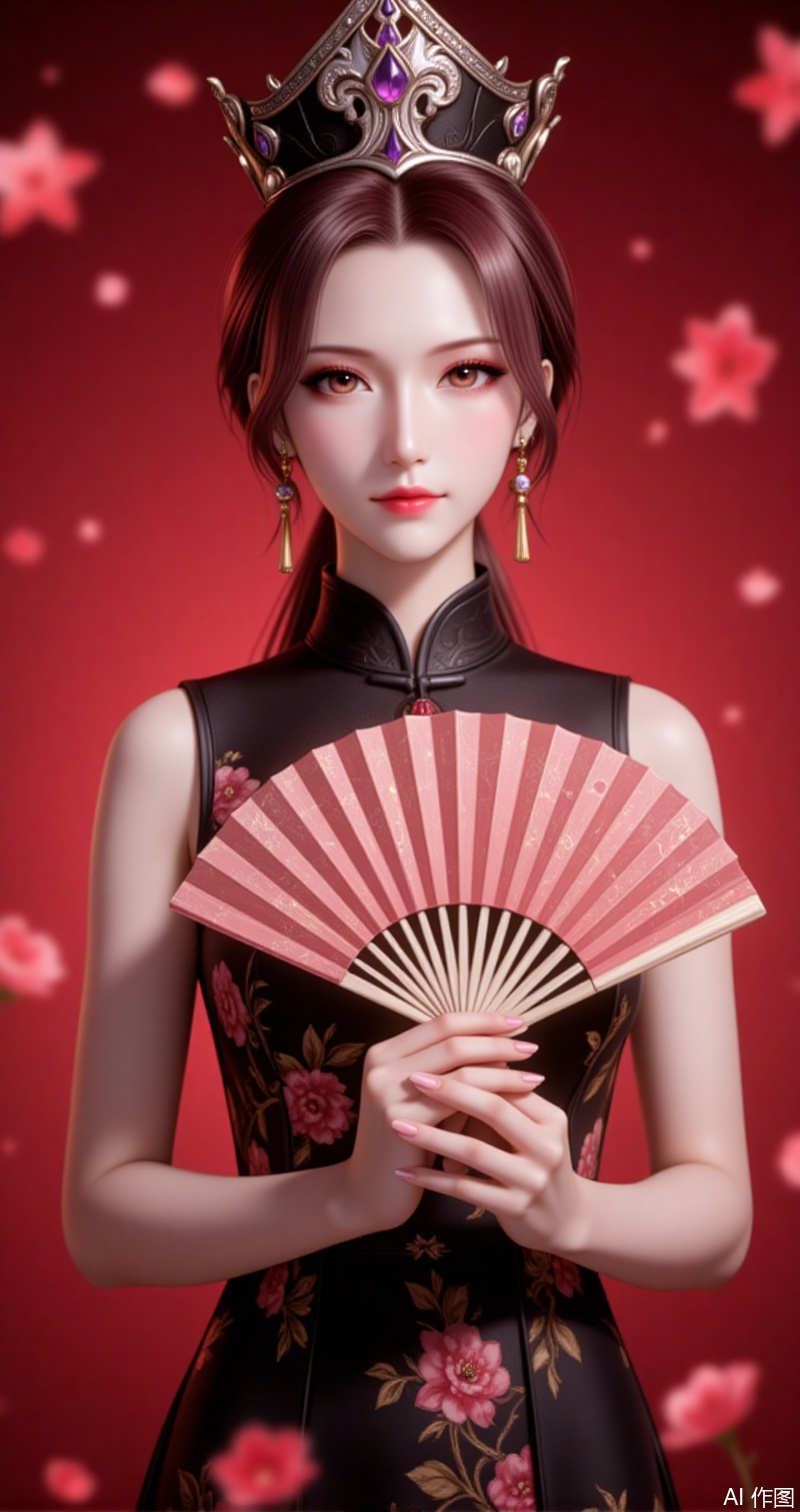 lvjing,baoshi,bibidong,1girl, brown hair,solo, portrait, pony-tail,low ponytail,looking at viewer, gem, crown,hat,blurry, short hair, lips, parted lips,1girl,dress,hand fan,holding,solo,earrings,jewelry,chinese clothes,china dress,black dress,holding fan,floral print,blurry,sleeveless,looking at viewer,sleeveless dress,red background,folding fan,standing,head tilt,2,cover,simple background,gradient background,close-up details,outstanding style,adding a touch of dimension to your images without compromising details,close_upup,absurdres,lvjing,colorful,incredibly absurdres,