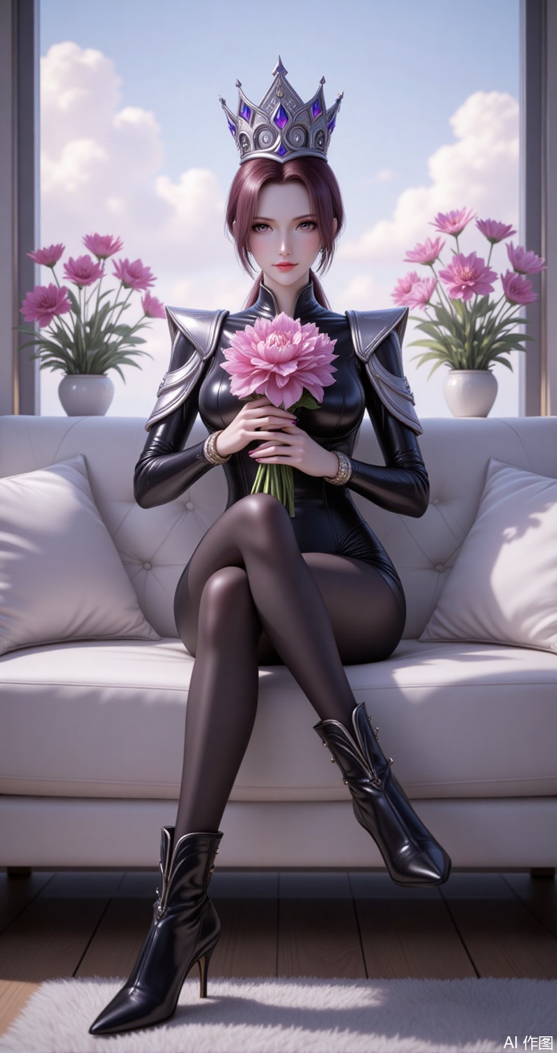 lvjing,baoshi,bibidong,1girl, brown hair,solo, portrait, pony-tail,low ponytail,looking at viewer, gem, crown,hat,blurry, short hair, lips, parted lips,1girl,solo,breasts,looking at viewer,large breasts,long sleeves,holding,jewelry,sitting,closed mouth,full body,flower,boots,day,cloud,indoors,black footwear,high heels,lips,pillow,window,bodysuit,crossed legs,plant,couch,skin tight,high heel boots,shiny clothes,black bodysuit,holding flower,potted plant,on couch,latex,vase,flower pot,latex bodysuit,cover,simple background,gradient background,close-up details,outstanding style,adding a touch of dimension to your images without compromising details,close-up,
