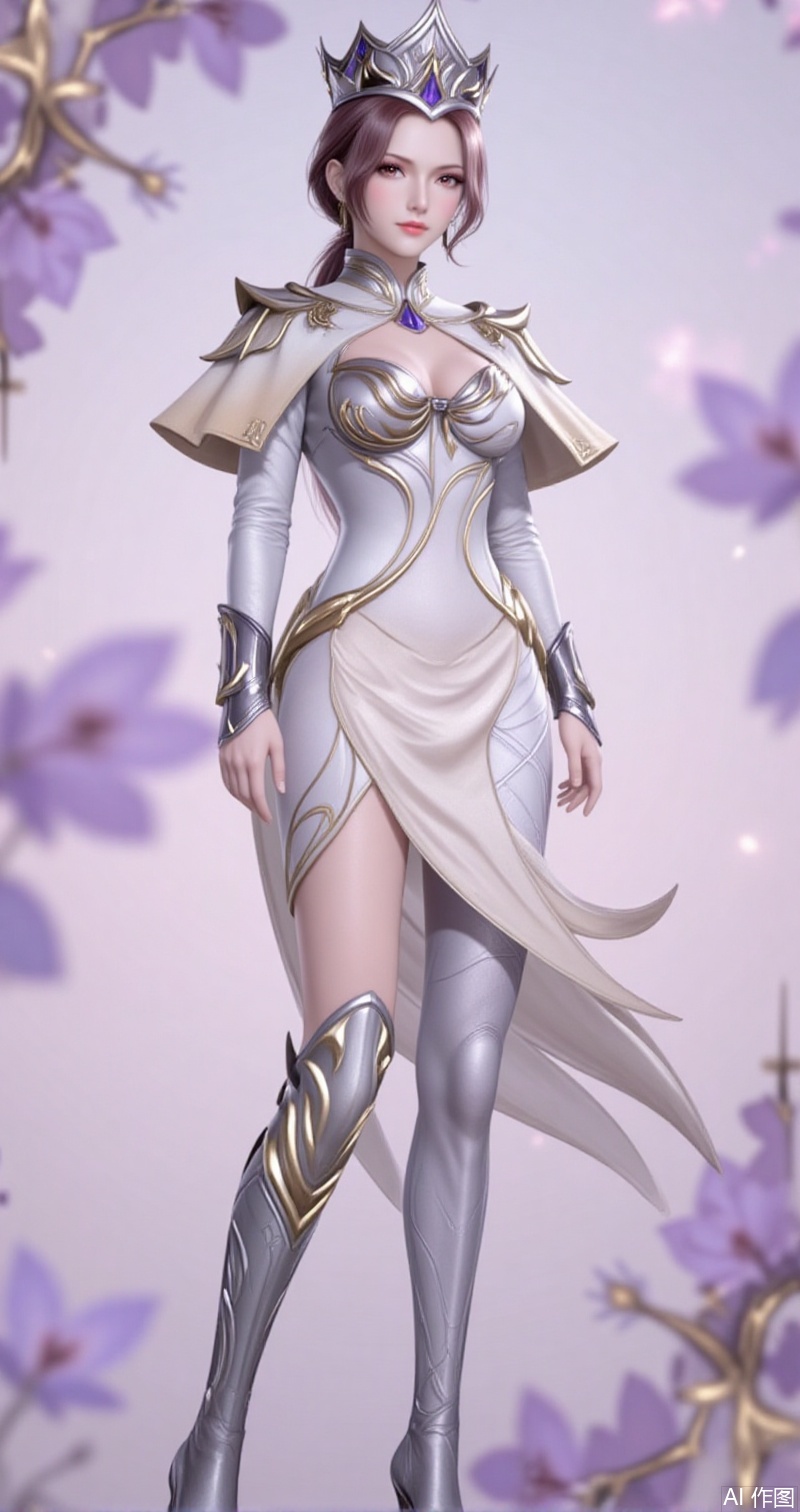 lvjing,baoshi,bibidong,1girl, brown hair,solo, portrait, pony-tail,low ponytail,looking at viewer, gem, crown,hat,blurry, short hair, lips, parted lips,huliena,1girl,solo,armor,boots,capelet,high heels,arms at sides,standing,dress,white dress,cover,gradient background,close-up details,outstanding style,adding a touch of dimension to your images without compromising details,close-up,