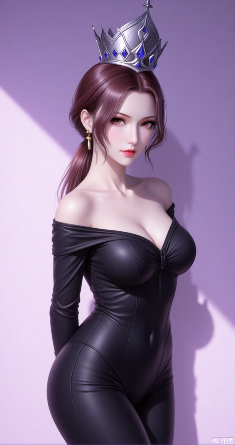 lvjing,baoshi,bibidong,1girl, brown hair,solo, portrait, pony-tail,low ponytail,looking at viewer, gem, crown,hat,blurry, short hair, lips, parted lips,1girl,solo,breasts,dress,looking at viewer,bare shoulders,off shoulder,makeup,large breasts,shadow,cowboy shot,red lips,light purple background,lips,black bodysuit,long sleeves,off-shoulder dress,lipstick,bodysuit,(pants:1.1),arms behind back,standing,cover,simple background,gradient background,close-up details,outstanding style,adding a touch of dimension to your images without compromising details,close-up,