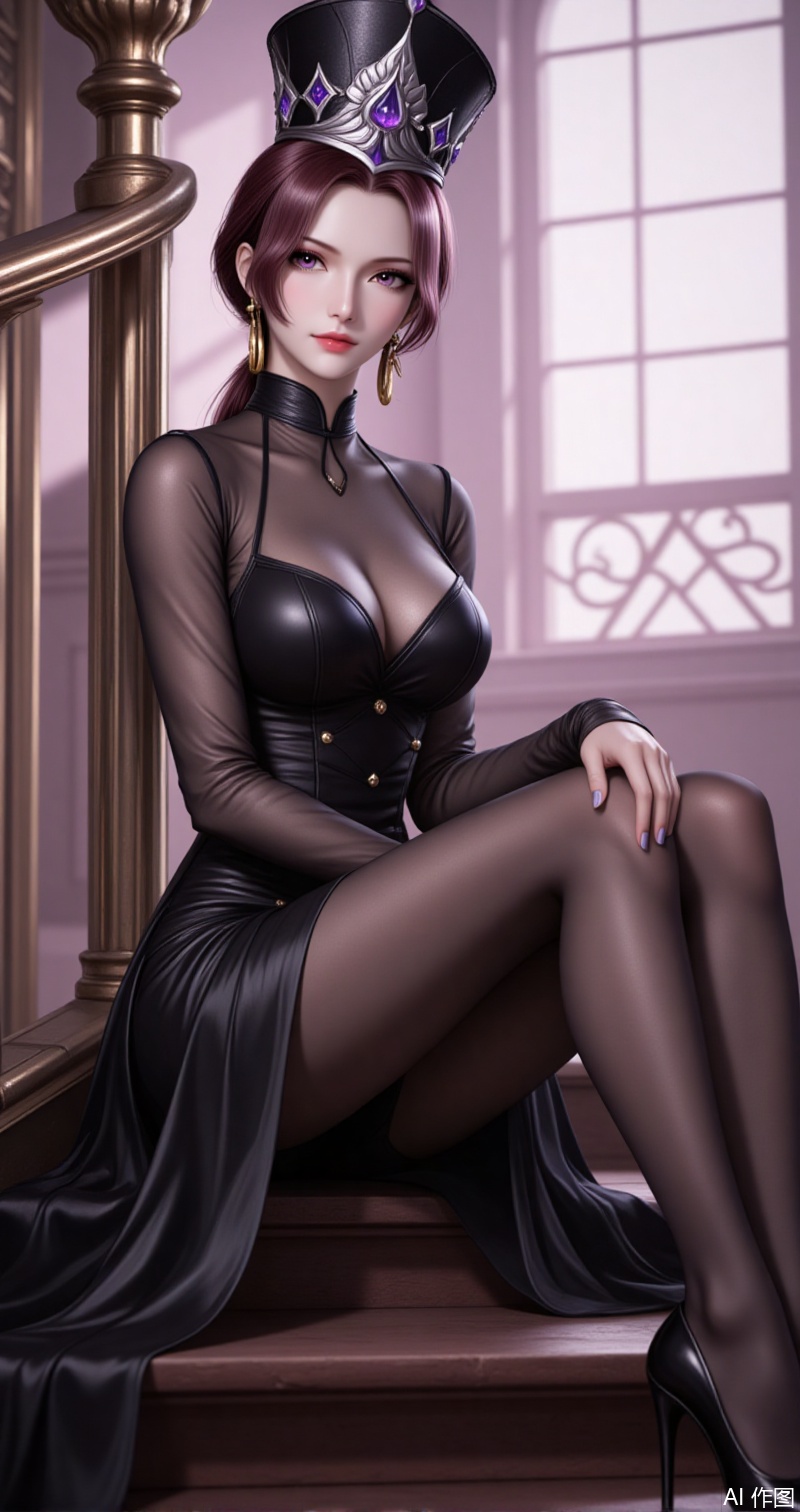 lvjing,baoshi,bibidong,1girl, brown hair,solo, portrait, pony-tail,low ponytail,looking at viewer, gem, crown,hat,blurry, short hair, lips, parted lips,1girl,stairs,jewelry,pantyhose,solo,high heels,earrings,sitting,dress,looking at viewer,black dress,black footwear,black pantyhose,sitting on stairs,long sleeves,breasts,closed mouth,window,hoop earrings,indoors,outdoors,cover,simple background,gradient_background,Close-up details,outstanding style,adding a touch of dimension to your images without compromising details,close-up,lvjing,colorful,