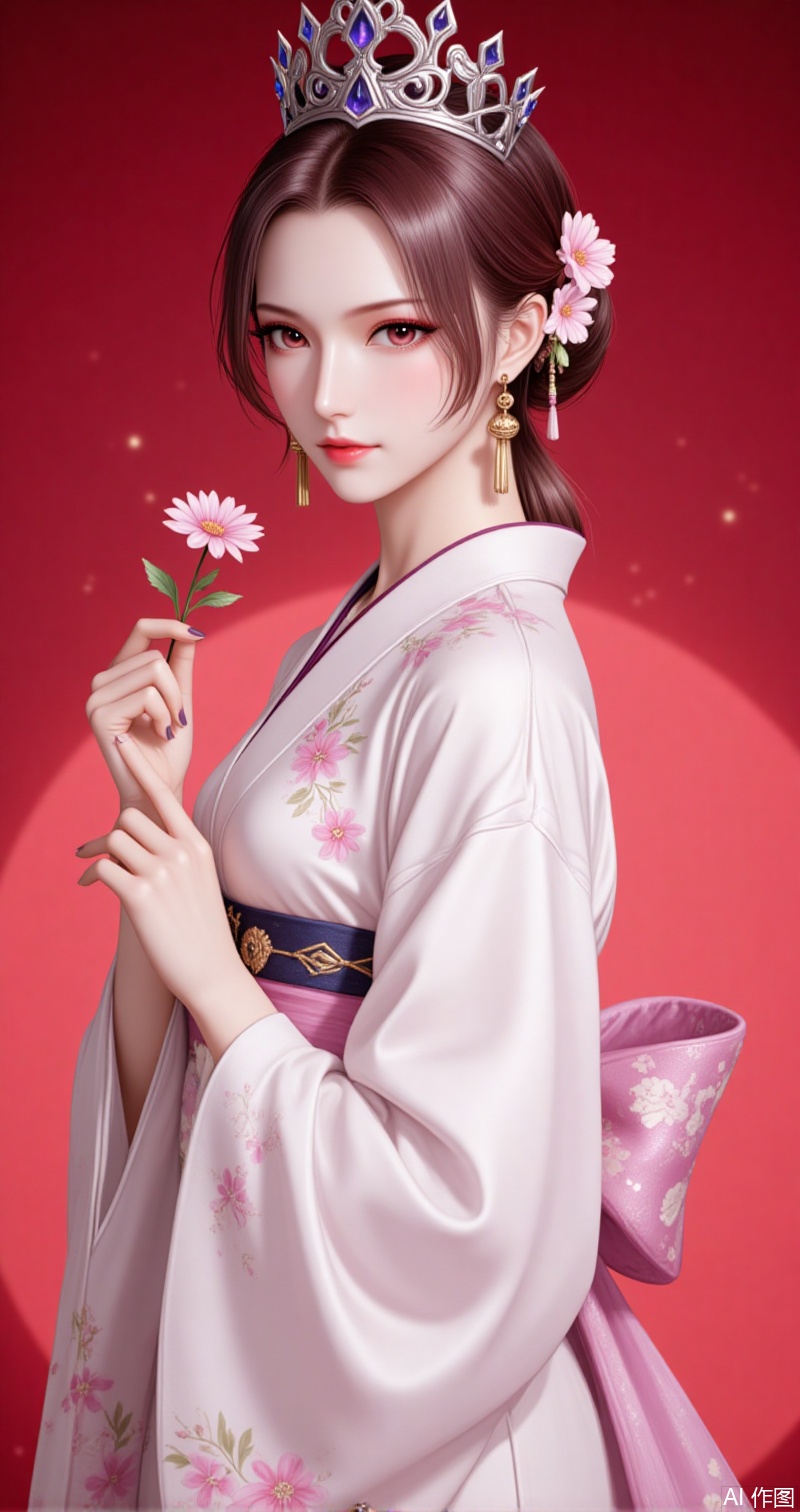 lvjing,baoshi,bibidong,1girl, brown hair,solo, portrait, pony-tail,low ponytail,looking at viewer, gem, crown,hat,blurry, short hair, lips, parted lips,1girl,japanese clothes,red background,solo,kimono,sash,hair ornament,obi,white kimono,floral print,flower,realistic,holding,looking at viewer,lips,simple background,hair flower,long sleeves,standing,wide sleeves,holding flower,2,cover,simple background,gradient background,close-up details,outstanding style,adding a touch of dimension to your images without compromising details,close-up,