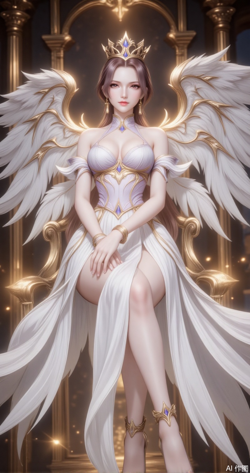 lvjing,baoshi,bibidong,1girl, brown hair,solo, portrait, pony-tail,low ponytail,looking at viewer, gem, crown,hat,blurry, short hair, lips, parted lips,1girl,wings,dress,angel wings,bracelet,jewelry,white dress,bare shoulders,feathered wings,full body,multiple_wings,large breasts,anklet,gold,high heels,sitting,crossed_legs,chair,long dress,tianshi