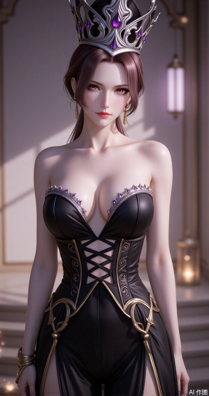 lvjing,baoshi,bibidong,1girl, brown hair,solo, portrait, pony-tail,low ponytail,looking at viewer, gem, crown,hat,blurry, short hair, lips, parted lips,chen,1girl,stairs,breasts,dress,solo,jewelry,black dress,earrings,bag,holding bag,bare shoulders,handbag,strapless,holding,cleavage,collarbone,plunging neckline,cross-laced clothes,strapless dress,large breasts,closed mouth,standing,bare arms,cover,simple background,gradient_background,Close-up details,outstanding style,adding a touch of dimension to your images without compromising details,close-up,absurdres,lvjing,colorful,incredibly absurdres,
