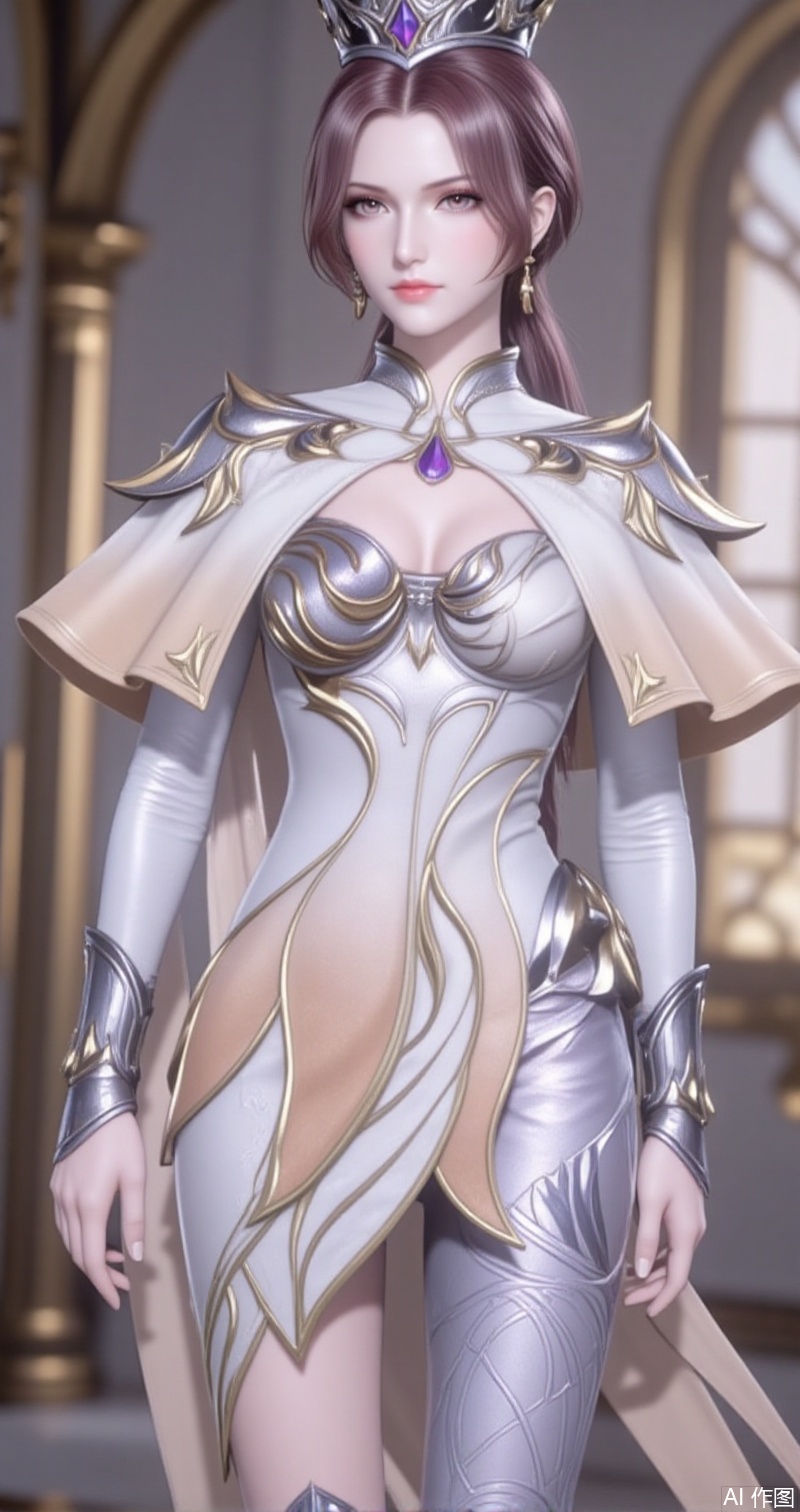 lvjing,baoshi,bibidong,1girl, brown hair,solo, portrait, pony-tail,low ponytail,looking at viewer, gem, crown,hat,blurry, short hair, lips, parted lips,huliena,1girl,solo,armor,boots,capelet,high heels,arms at sides,standing,dress,white dress,cover,gradient background,close-up details,outstanding style,adding a touch of dimension to your images without compromising details,close-up,