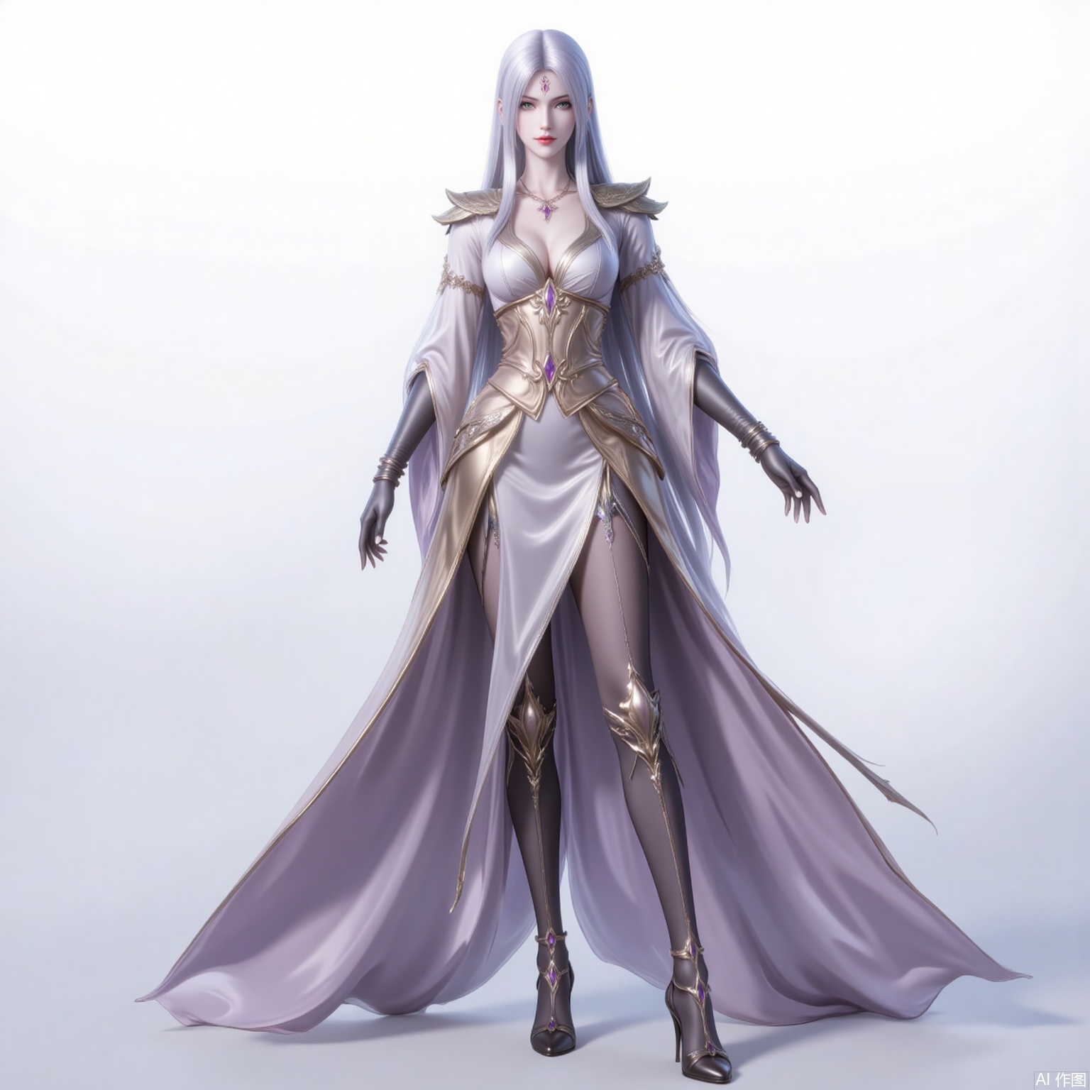 xiaobai,solo,long hair,white hair,1girl,facial mark,forehead mark,looking at viewer,red lips,lips,green eyes,closed mouth,makeup,parted bangs,parted lips, 
1 girl,solo,dress,high heels,white background,pantyhose,jewelry,long sleeves,armor,breasts,cleavage,necklace,long dress,gloves,crossed legs, cover,gradient background,close-up details,standing,outstanding style,adding a touch of dimension to your images without compromising details,close-up,
lvjing,long legs,bibidong