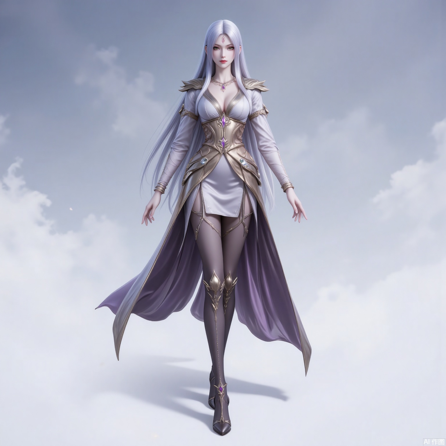 xiaobai,solo,long hair,white hair,1girl,facial mark,forehead mark,looking at viewer,red lips,lips,green eyes,closed mouth,makeup,parted bangs,parted lips, 
1girl,solo,dress,high heels,white background,pantyhose,jewelry,long sleeves,armor,breasts,cleavage,necklace,long dress,gloves,crossed legs, cover,gradient background,close-up details,standing,outstanding style,adding a touch of dimension to your images without compromising details,close-up,
lvjing,long legs,bibidong