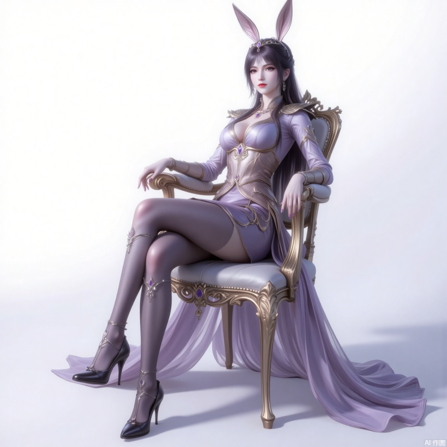xiaowu,animal ears,rabbit ears,hair ornament,ponytail,long hair,black hair,closed mouth,bangs, 
1girl,solo,dress,high heels,white background,pantyhose,jewelry,long sleeves,armor,breasts,cleavage,necklace,long dress,gloves,sitting,chair,crossed legs, cover,gradient background,close-up details,outstanding style,adding a touch of dimension to your images without compromising details,close-up,
lvjing,long legs,bibidong