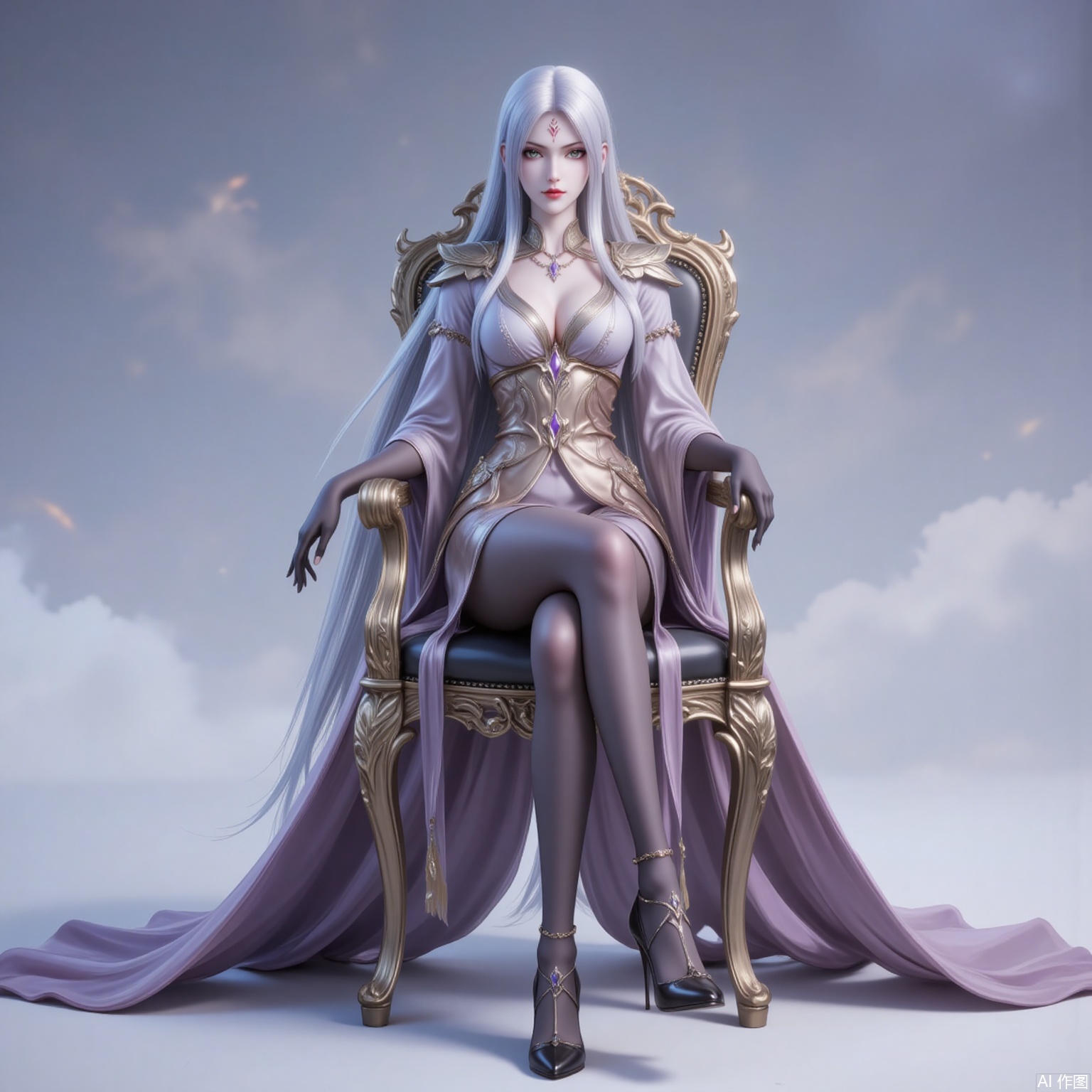 xiaobai,solo,long hair,white hair,1girl,facial mark,forehead mark,looking at viewer,red lips,lips,green eyes,closed mouth,makeup,parted bangs,parted lips, 
1girl,solo,dress,high heels,white background,pantyhose,jewelry,long sleeves,armor,breasts,cleavage,necklace,long dress,gloves,sitting,chair,crossed legs, cover,gradient background,close-up details,outstanding style,adding a touch of dimension to your images without compromising details,close-up,
lvjing,long legs,bibidong