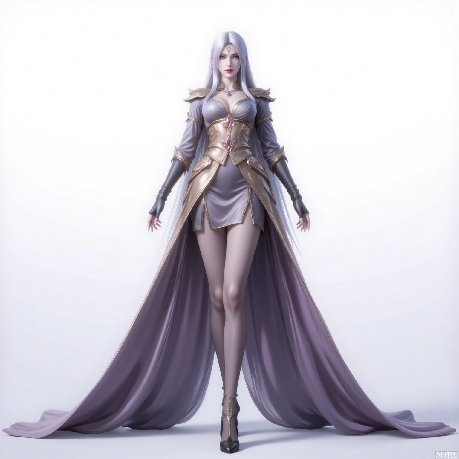 xiaobai,solo,long hair,white hair,1girl,facial mark,forehead mark,looking at viewer,red lips,lips,green eyes,closed mouth,makeup,parted bangs,parted lips, 
1 girl,solo,dress,high heels,white background,pantyhose,jewelry,long sleeves,armor,breasts,cleavage,necklace,long dress,gloves,crossed legs, cover,gradient background,close-up details,standing,outstanding style,adding a touch of dimension to your images without compromising details,close-up,
lvjing,long legs,bibidong