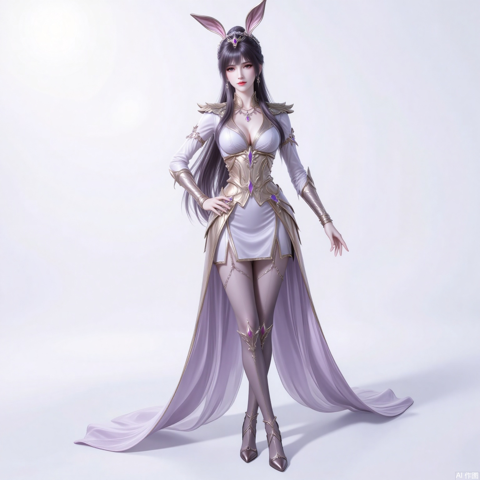 xiaowu,animal ears,rabbit ears,hair ornament,ponytail,long hair,black hair,closed mouth,bangs, 
1girl,solo,dress,high heels,white background,pantyhose,jewelry,long sleeves,armor,breasts,cleavage,necklace,long dress,gloves,crossed legs, cover,gradient background,close-up details,standing,outstanding style,adding a touch of dimension to your images without compromising details,close-up, 
lvjing,long legs,bibidong