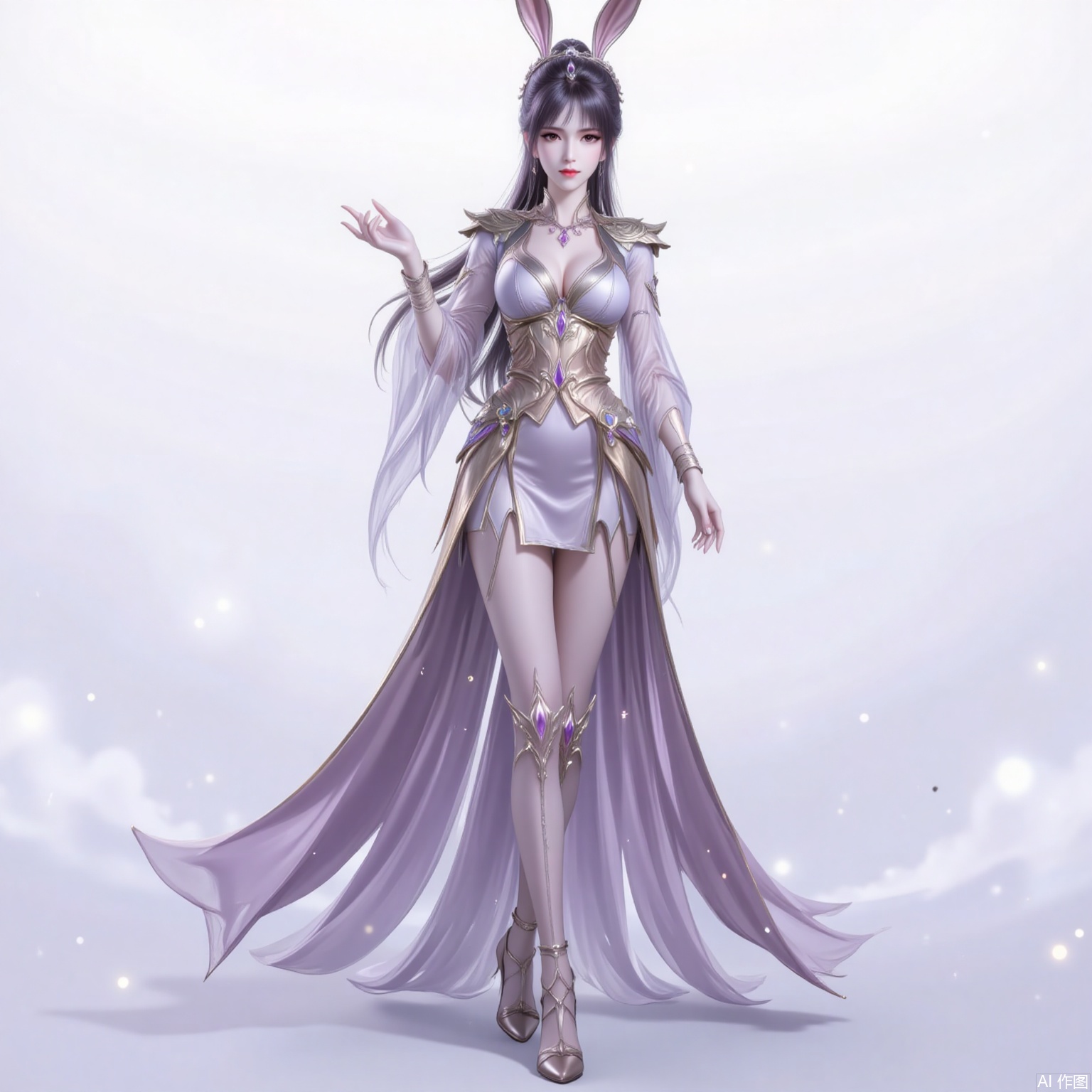 xiaowu,animal ears,rabbit ears,hair ornament,ponytail,long hair,black hair,closed mouth,bangs, 
1girl,solo,dress,high heels,white background,pantyhose,jewelry,long sleeves,armor,breasts,cleavage,necklace,long dress,gloves,crossed legs, cover,gradient background,close-up details,standing,outstanding style,adding a touch of dimension to your images without compromising details,close-up, 
lvjing,long legs,bibidong