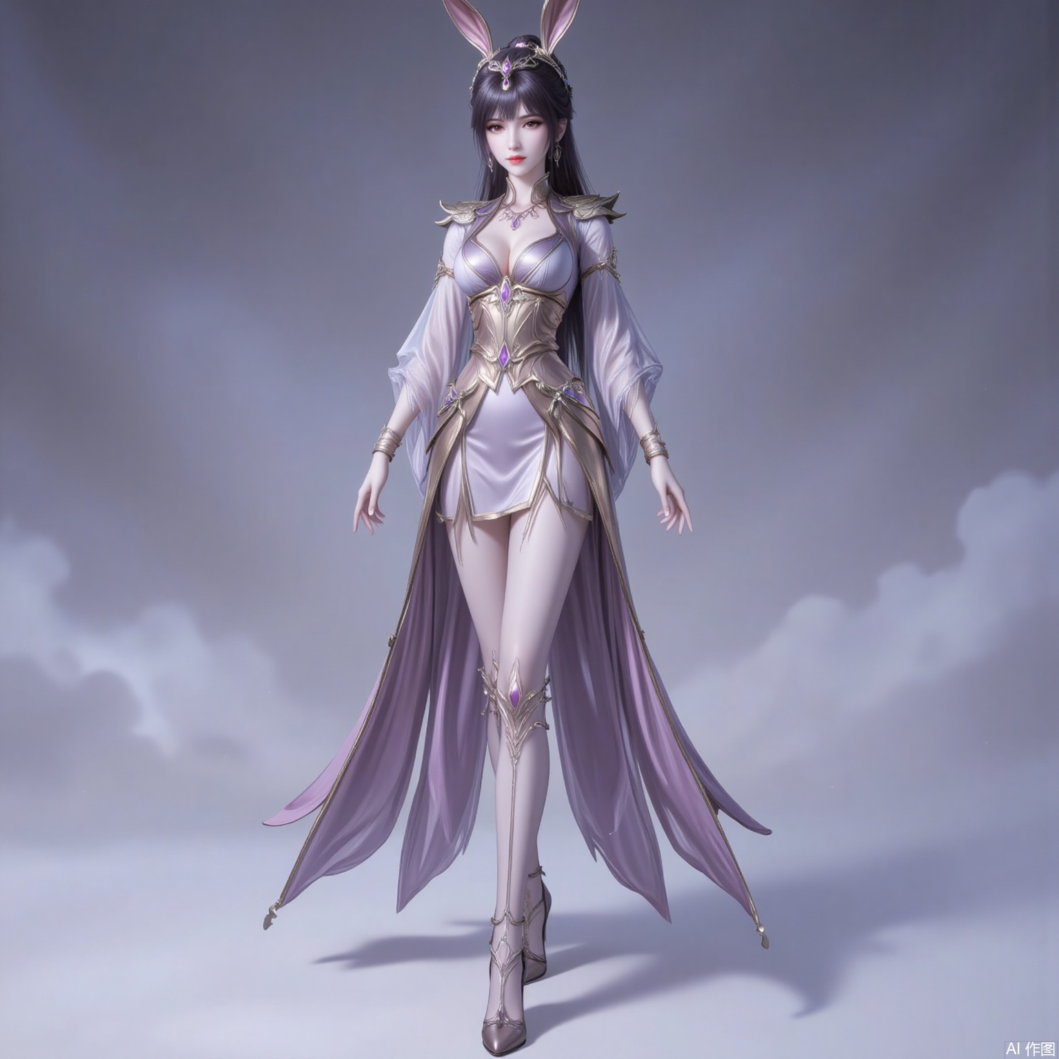 xiaowu,animal ears,rabbit ears,hair ornament,ponytail,long hair,black hair,closed mouth,bangs, 
1girl,solo,dress,high heels,white background,pantyhose,jewelry,long sleeves,armor,breasts,cleavage,necklace,long dress,gloves,crossed legs, cover,gradient background,close-up details,standing,outstanding style,adding a touch of dimension to your images without compromising details,close-up, 
lvjing,long legs,bibidong