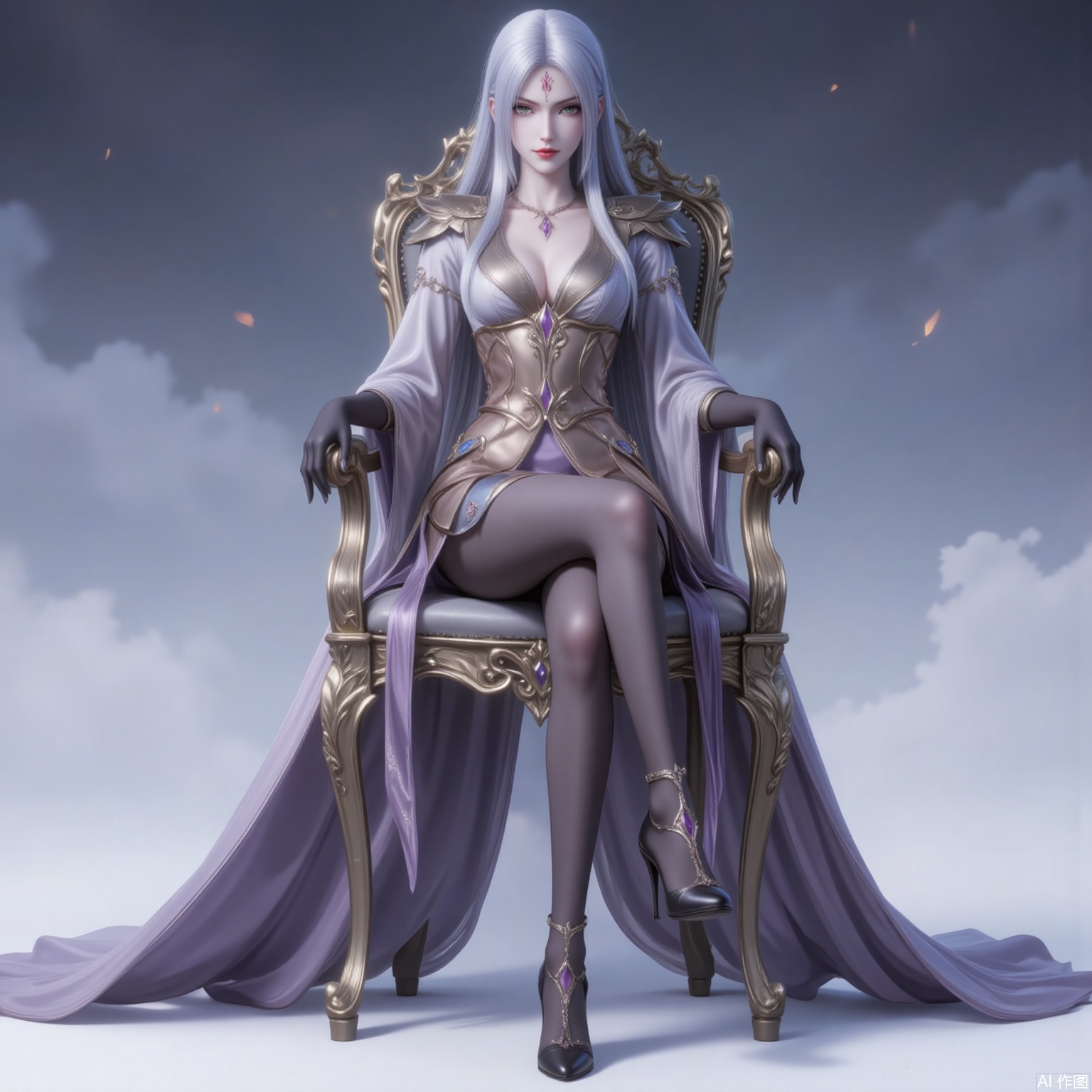xiaobai,solo,long hair,white hair,1girl,facial mark,forehead mark,looking at viewer,red lips,lips,green eyes,closed mouth,makeup,parted bangs,parted lips, 
1girl,solo,dress,high heels,white background,pantyhose,jewelry,long sleeves,armor,breasts,cleavage,necklace,long dress,gloves,sitting,chair,crossed legs, cover,gradient background,close-up details,outstanding style,adding a touch of dimension to your images without compromising details,close-up,
lvjing,long legs,bibidong