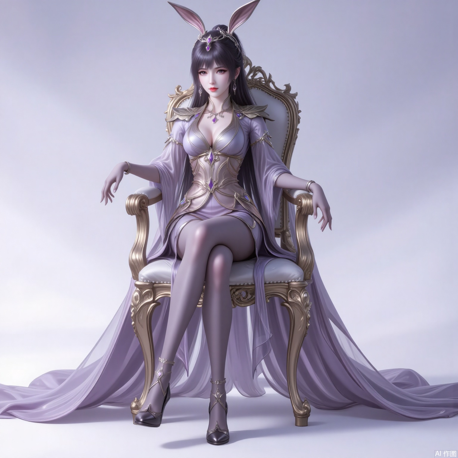 xiaowu,animal ears,rabbit ears,hair ornament,ponytail,long hair,black hair,closed mouth,bangs, 
1girl,solo,dress,high heels,white background,pantyhose,jewelry,long sleeves,armor,breasts,cleavage,necklace,long dress,gloves,sitting,chair,crossed legs, cover,gradient background,close-up details,outstanding style,adding a touch of dimension to your images without compromising details,close-up,
lvjing,long legs,bibidong