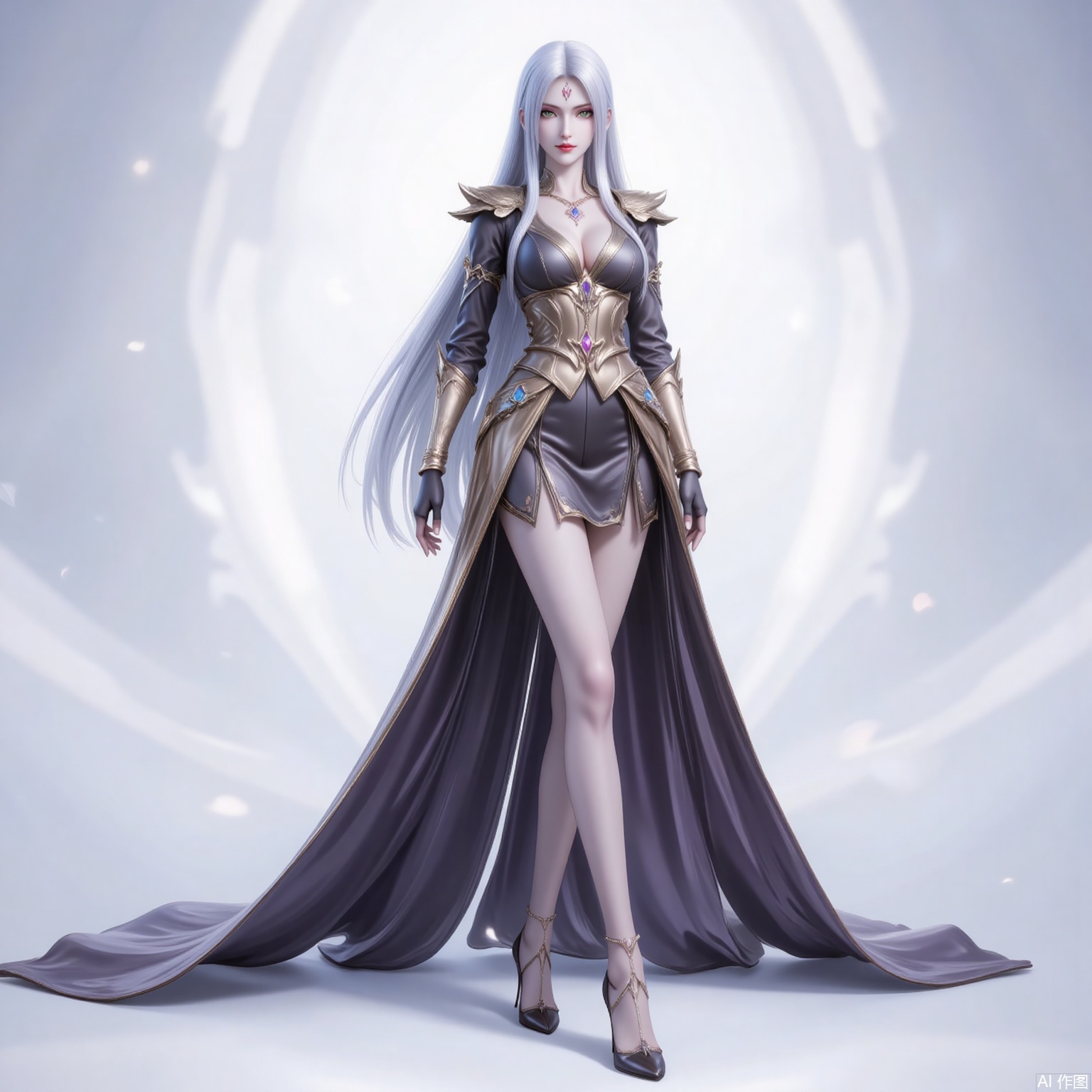 xiaobai,solo,long hair,white hair,1girl,facial mark,forehead mark,looking at viewer,red lips,lips,green eyes,closed mouth,makeup,parted bangs,parted lips, 
1 girl,solo,dress,high heels,white background,pantyhose,jewelry,long sleeves,armor,breasts,cleavage,necklace,long dress,gloves,crossed legs, cover,gradient background,close-up details,standing,outstanding style,adding a touch of dimension to your images without compromising details,close-up,
lvjing,long legs,bibidong