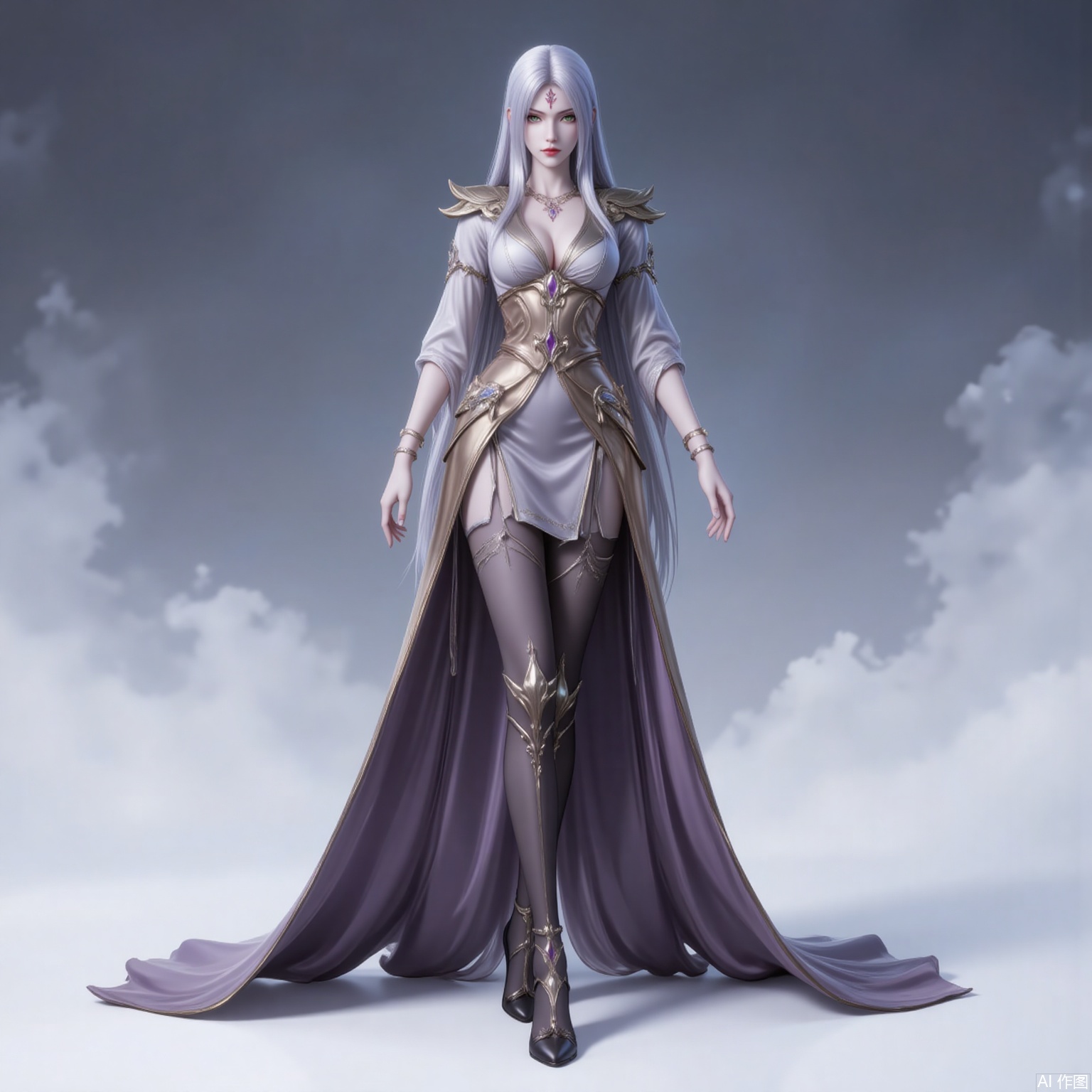 xiaobai,solo,long hair,white hair,1girl,facial mark,forehead mark,looking at viewer,red lips,lips,green eyes,closed mouth,makeup,parted bangs,parted lips, 
1 girl,solo,dress,high heels,white background,pantyhose,jewelry,long sleeves,armor,breasts,cleavage,necklace,long dress,gloves,crossed legs, cover,gradient background,close-up details,standing,outstanding style,adding a touch of dimension to your images without compromising details,close-up,
lvjing,long legs,bibidong