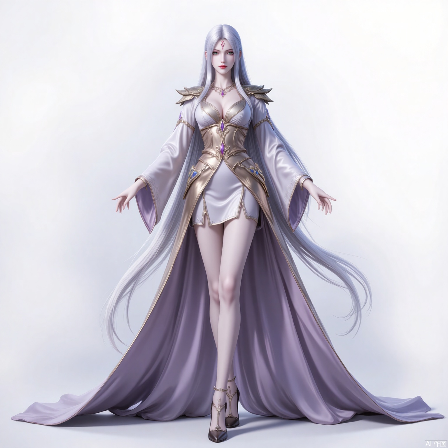 xiaobai,solo,long hair,white hair,1girl,facial mark,forehead mark,looking at viewer,red lips,lips,green eyes,closed mouth,makeup,parted bangs,parted lips, 
1girl,solo,dress,high heels,white background,pantyhose,jewelry,long sleeves,armor,breasts,cleavage,necklace,long dress,gloves,crossed legs, cover,gradient background,close-up details,standing,outstanding style,adding a touch of dimension to your images without compromising details,close-up,
lvjing,long legs,bibidong