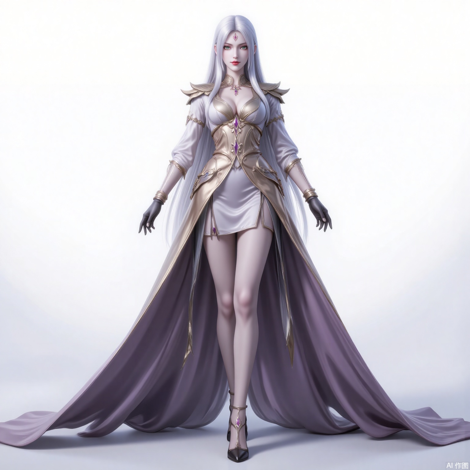 xiaobai,solo,long hair,white hair,1girl,facial mark,forehead mark,looking at viewer,red lips,lips,green eyes,closed mouth,makeup,parted bangs,parted lips, 
1 girl,solo,dress,high heels,white background,pantyhose,jewelry,long sleeves,armor,breasts,cleavage,necklace,long dress,gloves,crossed legs, cover,gradient background,close-up details,standing,outstanding style,adding a touch of dimension to your images without compromising details,close-up,
lvjing,long legs,bibidong