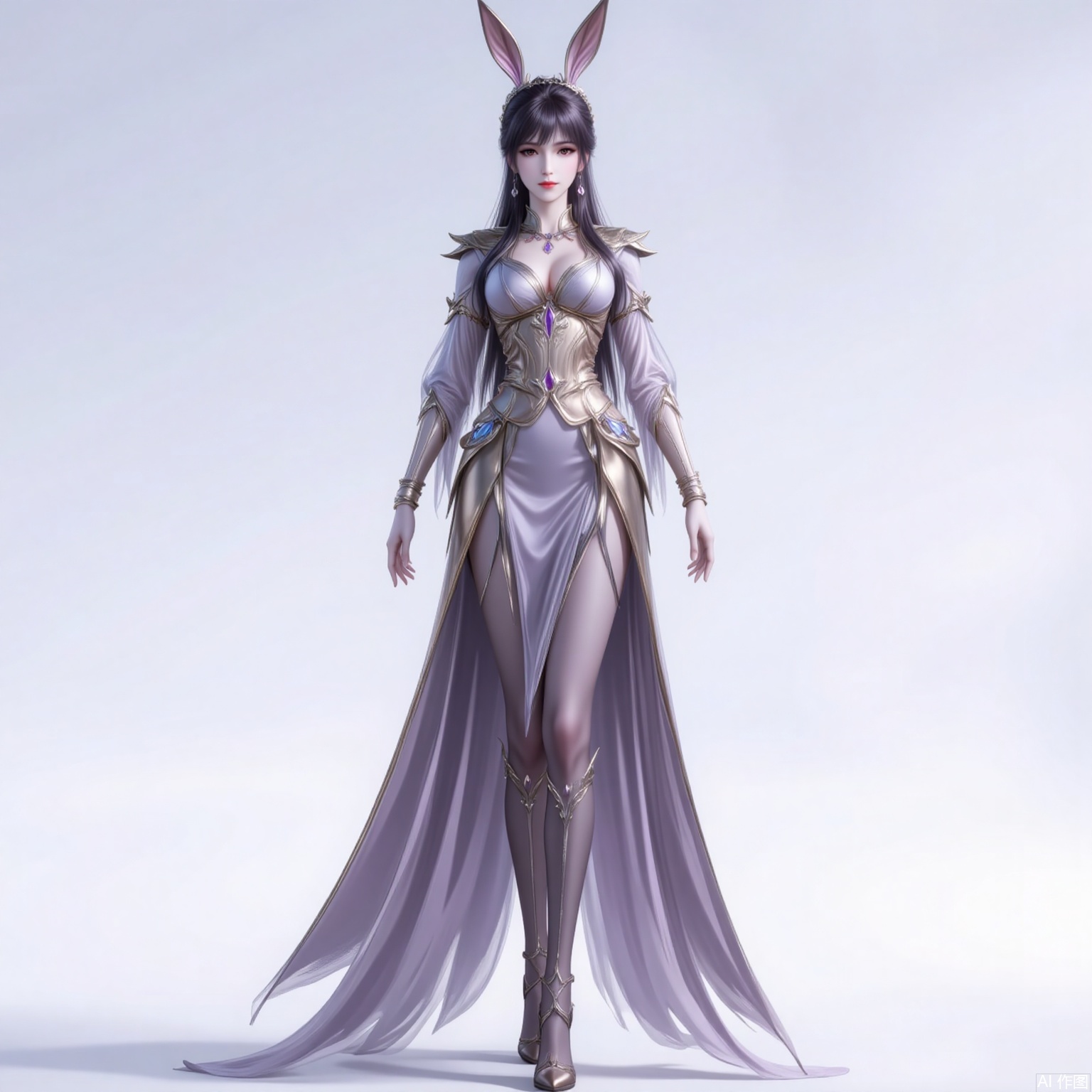 xiaowu,animal ears,rabbit ears,hair ornament,ponytail,long hair,black hair,closed mouth,bangs, 
1girl,solo,dress,high heels,white background,pantyhose,jewelry,long sleeves,armor,breasts,cleavage,necklace,long dress,gloves,crossed legs, cover,gradient background,close-up details,standing,outstanding style,adding a touch of dimension to your images without compromising details,close-up, 
lvjing,long legs,bibidong