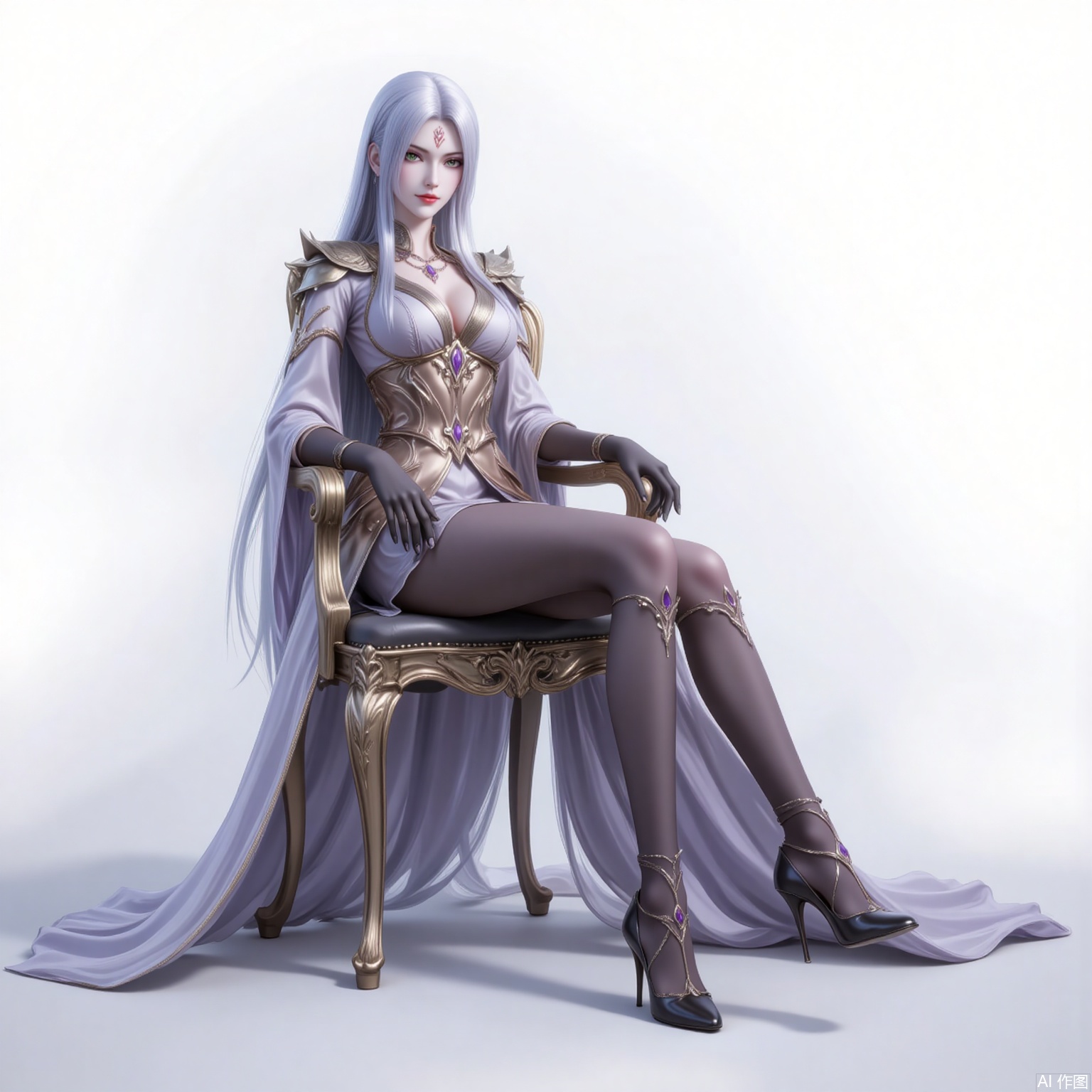 xiaobai,solo,long hair,white hair,1girl,facial mark,forehead mark,looking at viewer,red lips,lips,green eyes,closed mouth,makeup,parted bangs,parted lips, 
1girl,solo,dress,high heels,white background,pantyhose,jewelry,long sleeves,armor,breasts,cleavage,necklace,long dress,gloves,sitting,chair,crossed legs, cover,gradient background,close-up details,outstanding style,adding a touch of dimension to your images without compromising details,close-up,
lvjing,long legs,bibidong