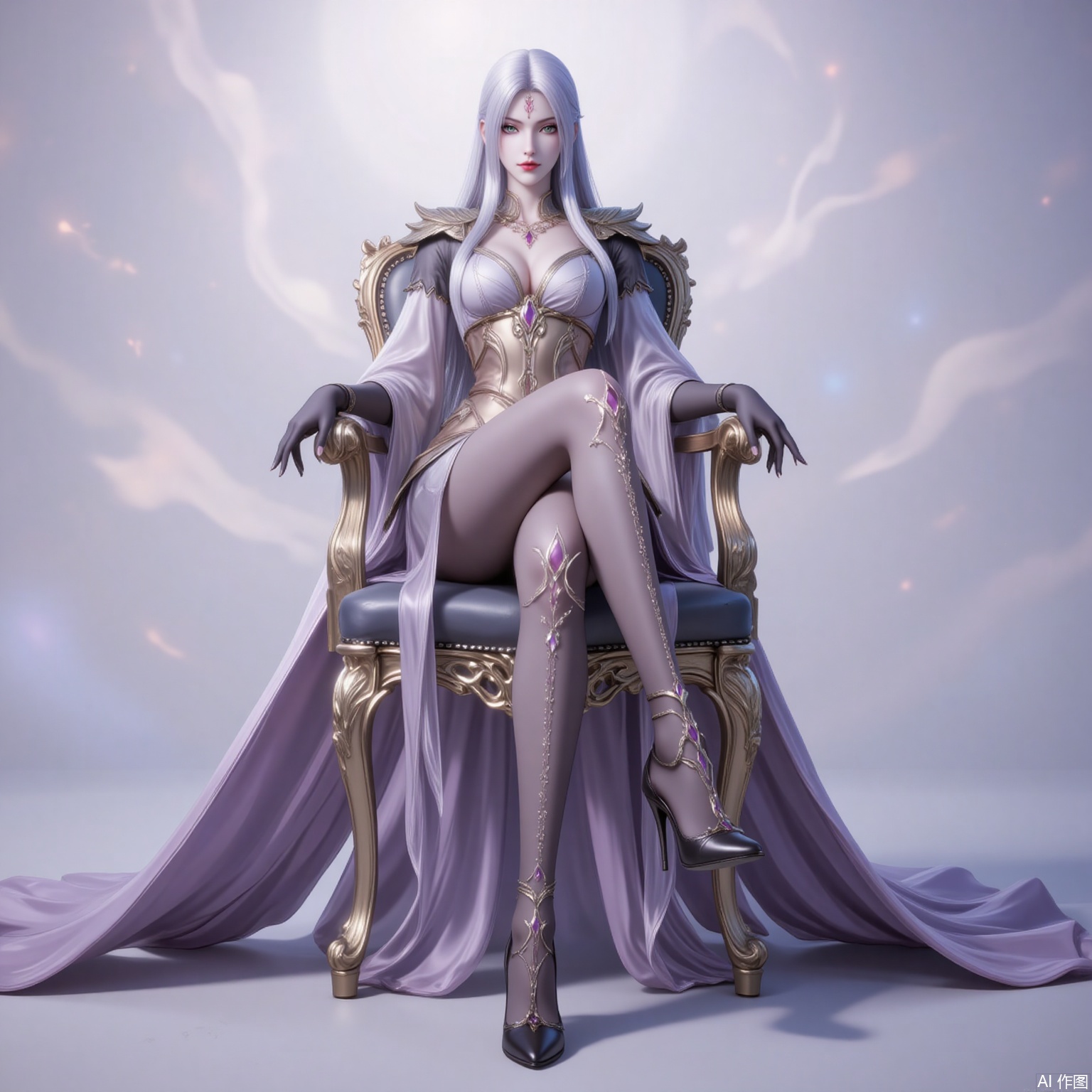 xiaobai,solo,long hair,white hair,1girl,facial mark,forehead mark,looking at viewer,red lips,lips,green eyes,closed mouth,makeup,parted bangs,parted lips, 
1girl,solo,dress,high heels,white background,pantyhose,jewelry,long sleeves,armor,breasts,cleavage,necklace,long dress,gloves,sitting,chair,crossed legs, cover,gradient background,close-up details,outstanding style,adding a touch of dimension to your images without compromising details,close-up,
lvjing,long legs,bibidong