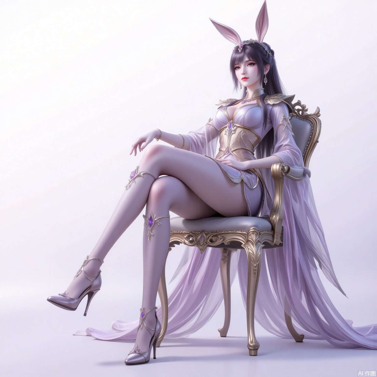 xiaowu,animal ears,rabbit ears,hair ornament,ponytail,long hair,black hair,closed mouth,bangs, 
1girl,solo,dress,high heels,white background,pantyhose,jewelry,long sleeves,armor,breasts,cleavage,necklace,long dress,gloves,sitting,chair,crossed legs, cover,gradient background,close-up details,outstanding style,adding a touch of dimension to your images without compromising details,close-up,
lvjing,long legs,bibidong