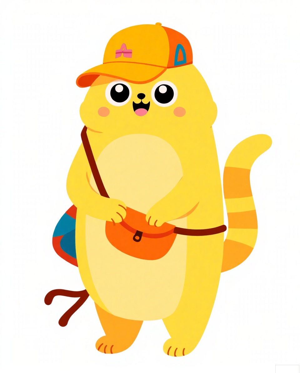 (white background,masterpiece, top quality, best quality, official art, beautiful and aesthetic:1.2),yellow cute cat ip,koi,chibi face,red scar,laugh,cute cartoon diagonal shoulder bag,orange cartoon glasses,yellow cowoy hat,orange shoes,,.Cartoon drawing