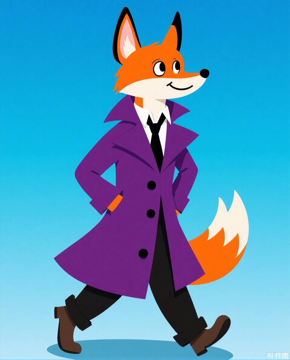 IPBD,A CGI-rendered anthropomorphic fox with orange fur,white muzzle,and bushy tail,dressed in a purple trench coat,black tie,white shirt,and black pants,walks confidently against a blue gradient background. The fox has expressive,large eyes and a friendly smile,exuding a sophisticated,detective-like aura.,Cartoon drawing