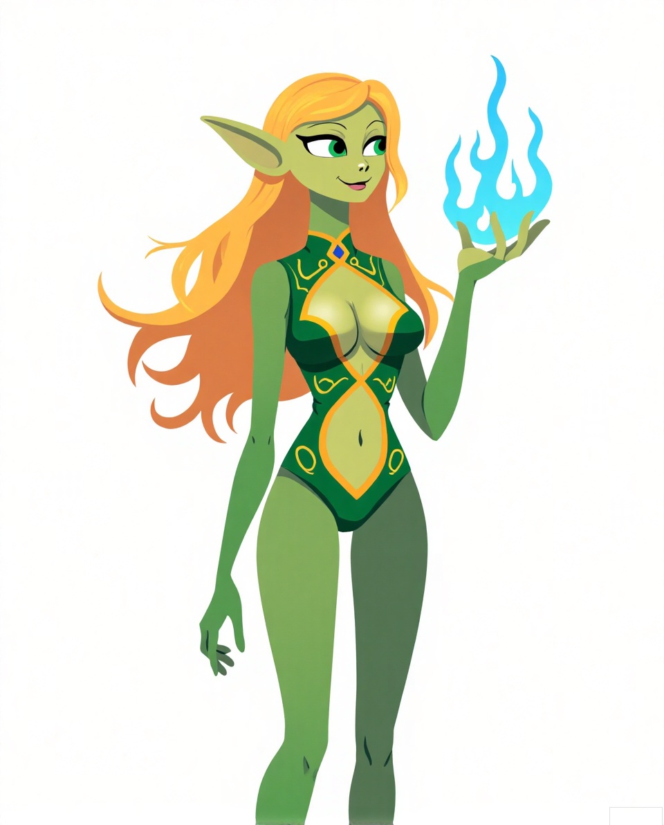 ouka,ouka,European and American cartoon game character,full body,soft and smooth lighting,warm tones,bright colors.masterpiece,best quality,full body,This digital anime-style illustration features a slender,elf-like female character with light green skin and large,pointed ears. She has long,flowing blonde hair and piercing green eyes. She wears a revealing,form-fitting green and gold outfit with intricate patterns and a plunging neckline,accentuating her small breasts. Her left hand is raised,conjuring glowing,ethereal blue flames,while her right hand rests on her hip. The background is plain white,emphasizing her magical abilities and otherworldly appearance.,, Cartoon drawing