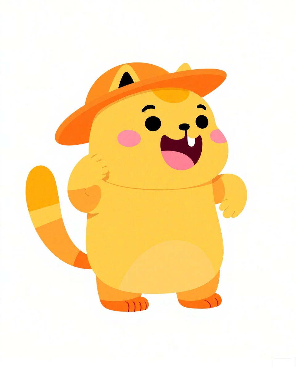 (white background,masterpiece, top quality, best quality, official art, beautiful and aesthetic:1.2),yellow cute cat ip,koi,chibi face,red scar,laugh,cute cartoon diagonal shoulder bag,orange cartoon glasses,yellow cowoy hat,orange shoes,,.Cartoon drawing
