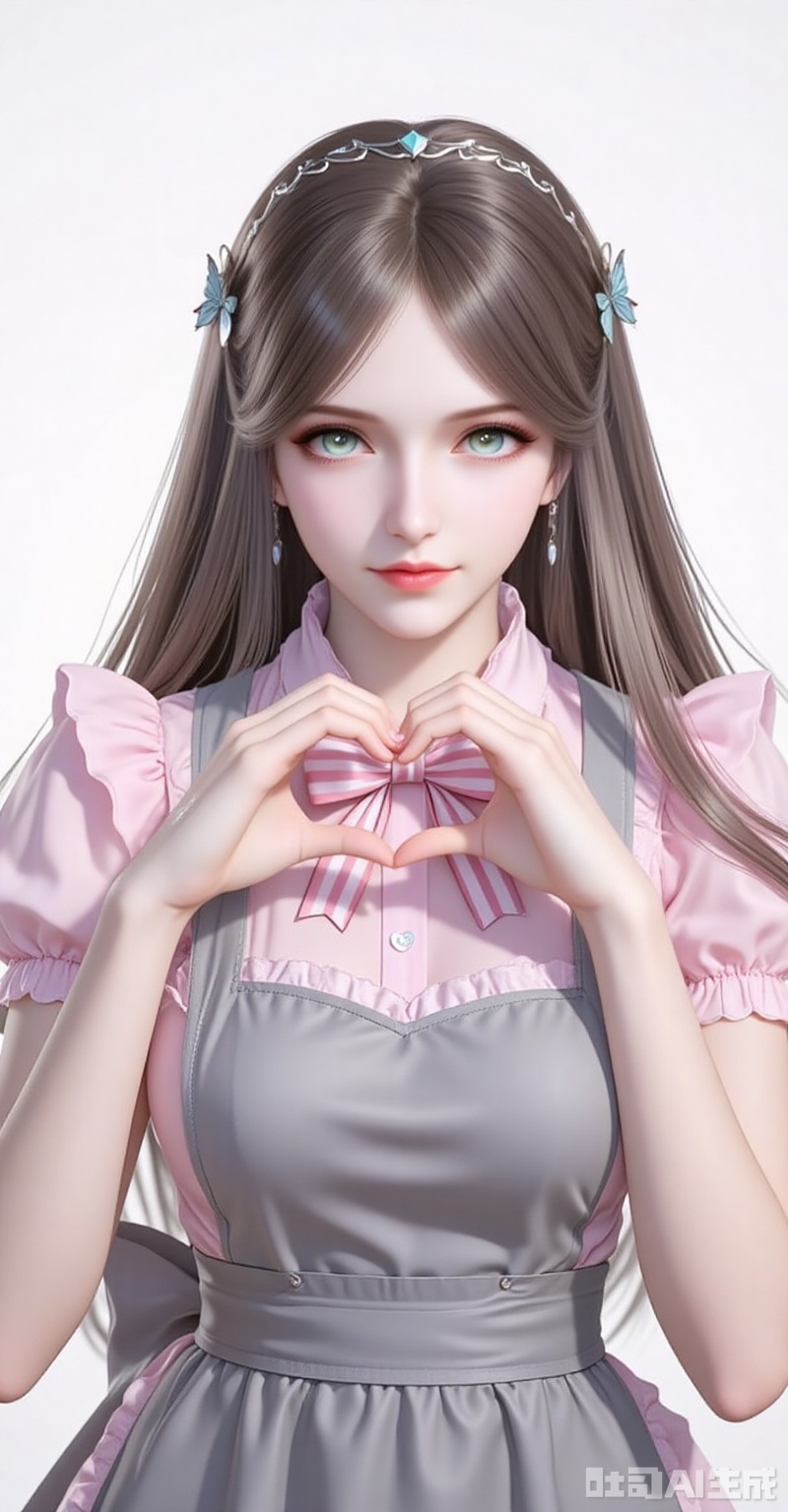 ningrongrong,1girl,solo,long hair,hair ornament,lips,closed mouth,brown hair,braid,blue eyes,green eyes,looking at viewer,
1girl,solo,bandaid on hand,butterfly hair ornament,heart,long hair,apron,open mouth,pink bowtie,hair ornament,white background,pink bow,short sleeves,dress,simple background,bow,striped bow,hair between eyes,bandaid,shadow,puffy sleeves,frills,puffy short sleeves,heart hands,bowtie,hands up,grey apron,smile,looking at viewer,striped bowtie,symbol-shaped pupils,heart-shaped pupils,symbol in eye,tongue,grey bow,
cover,gradient background,close-up details,outstanding style,adding a touch of dimension to your images without compromising details,close-up,white_background,simple background,lvjing
