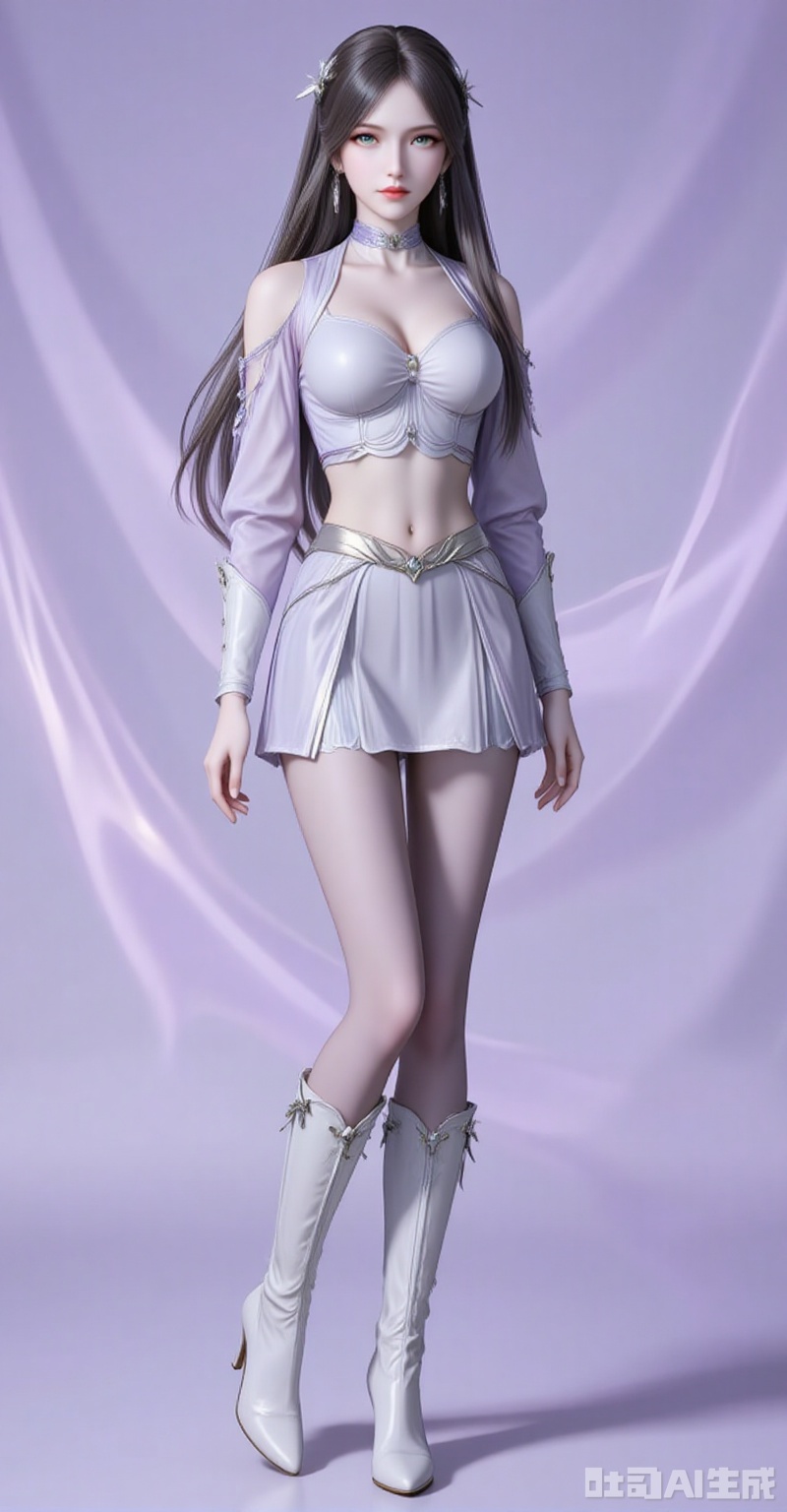 ningrongrong,1girl,solo,long hair,hair ornament,lips,closed mouth,brown hair,braid,blue eyes,green eyes,looking at viewer,
chen,1girl,solo,boots,midriff,high heels,navel,high heel boots,long sleeves,crop top,breasts,skirt,pantyhose,white footwear,knee boots,detached sleeves,full body,purple background,standing,standing,
cover,gradient background,close-up details,outstanding style,adding a touch of dimension to your images without compromising details,close-up,white_background,simple background,lvjing
