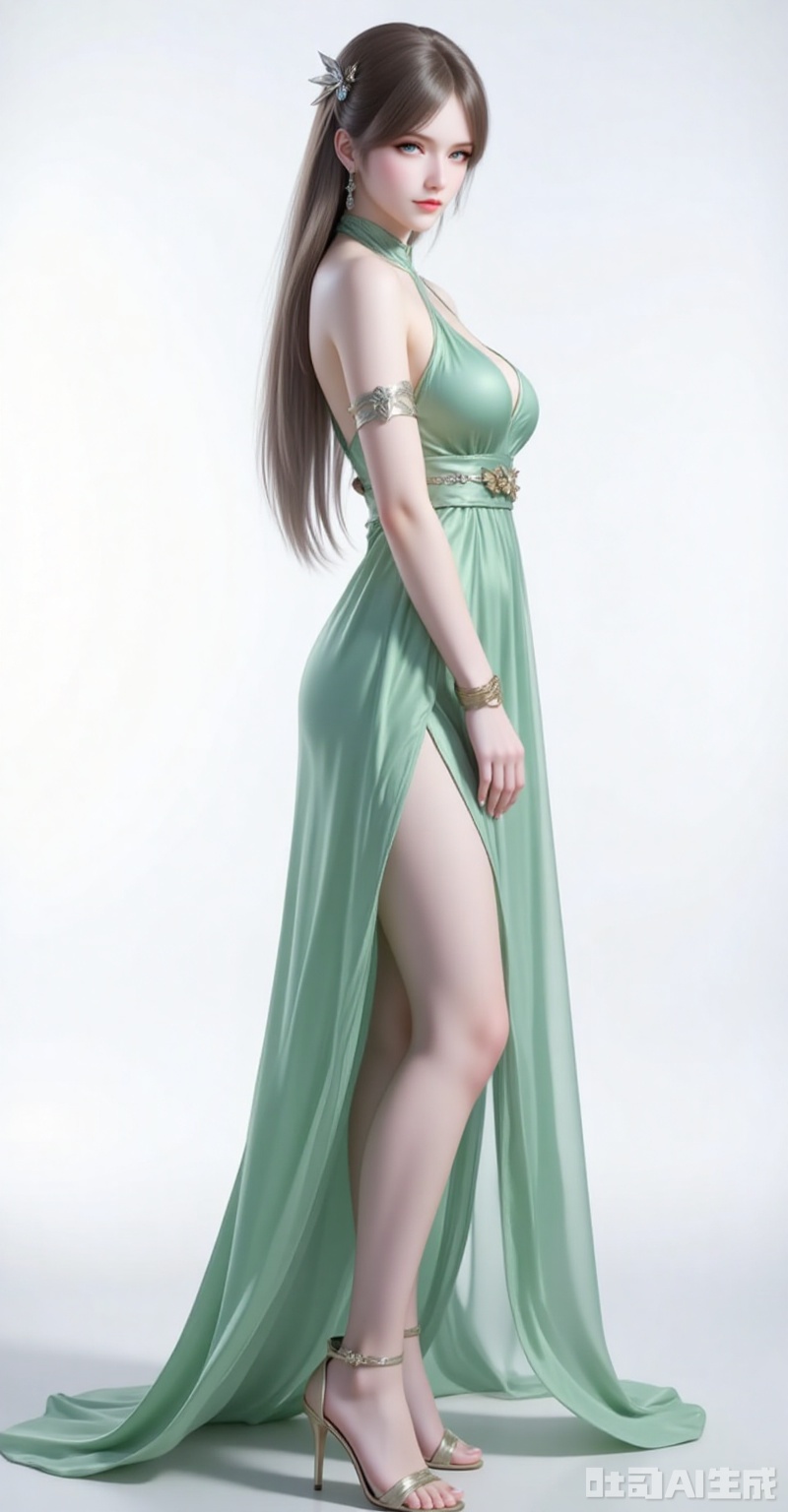 ningrongrong,1girl,solo,long hair,hair ornament,lips,closed mouth,brown hair,braid,blue eyes,green eyes,looking at viewer,
1girl,dress,solo,high heels,green dress,jewelry,breasts,full body,earrings,backless dress,standing,from side,legs,backless outfit,bare shoulders,ass,looking at viewer,armlet,sandals,bare legs,side slit,
cover,gradient background,close-up details,outstanding style,adding a touch of dimension to your images without compromising details,close-up,white_background,simple background,lvjing
