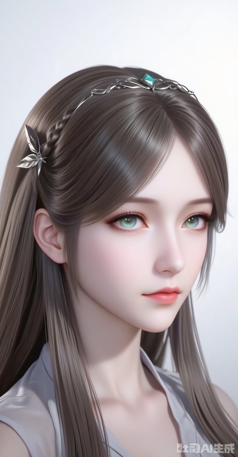 ningrongrong,1girl,solo,long hair,hair ornament,lips,closed mouth,brown hair,braid,blue eyes,green eyes,looking at viewer,
1girl,
cover,gradient background,close-up details,outstanding style,adding a touch of dimension to your images without compromising details,close-up,white_background,simple background,lvjing
