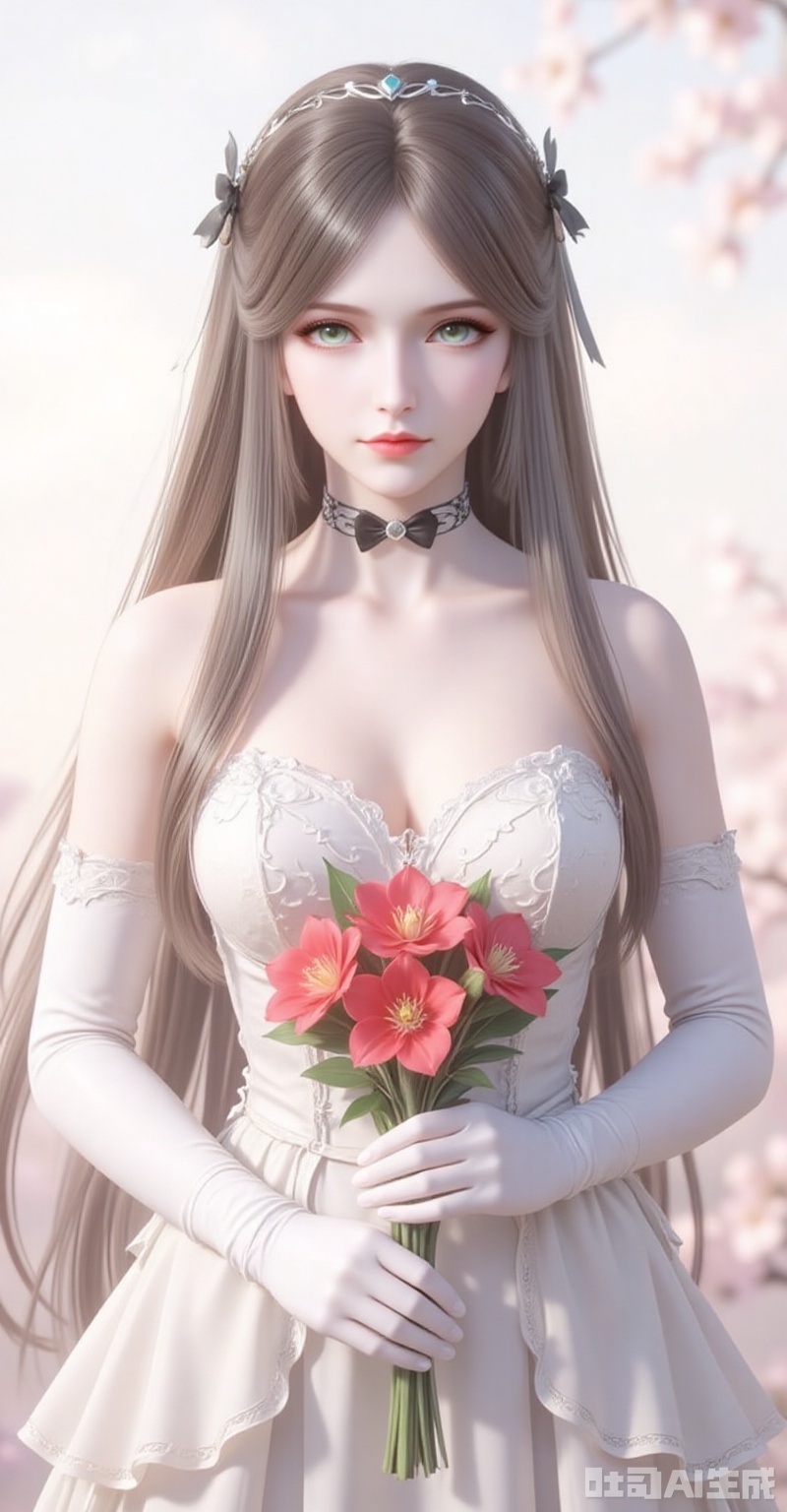 ningrongrong,1girl,solo,long hair,hair ornament,lips,closed mouth,brown hair,braid,blue eyes,green eyes,looking at viewer,
elbow_gloves,frilled_skirt,holding_bouquet,highres,cherry_blossoms,strapless_dress,white_gloves,looking_at_viewer,red_flower,solo,collarbone,own_hands_together,:d,white_background,backlighting,black_bow,bare_shoulders,frilled_dress,hair_bow,wedding_dress,commentary_request,1girl,petals,simple_background,blush,cowboy_shot, 
cover,gradient background,close-up details,outstanding style,adding a touch of dimension to your images without compromising details,close-up,white_background,simple background,lvjing
