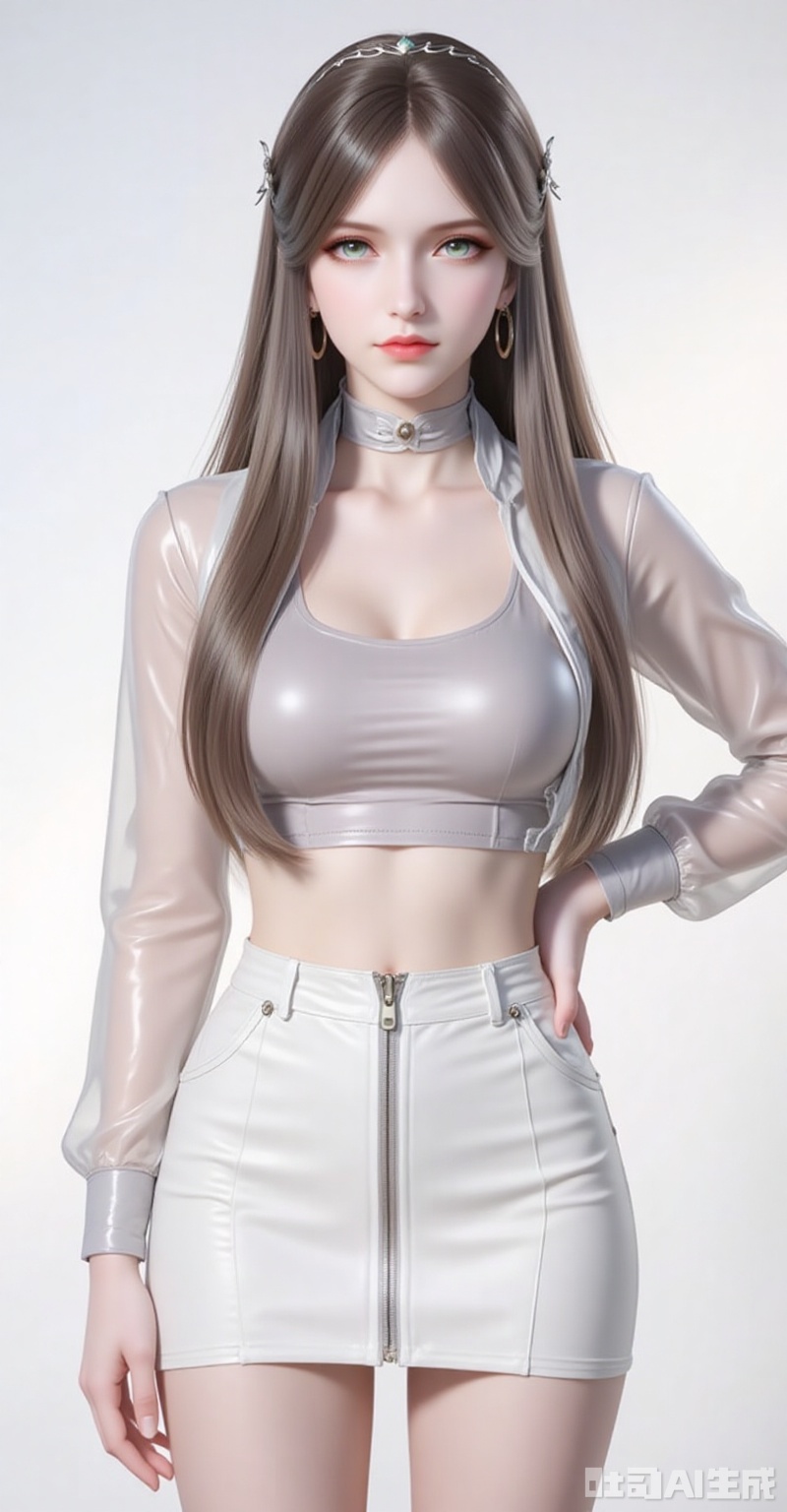 ningrongrong,1girl,solo,long hair,hair ornament,lips,closed mouth,brown hair,braid,blue eyes,green eyes,looking at viewer,
1girl,solo,skirt,earrings,zipper,jewelry,see-through,navel,hand on own hip,crop top,looking at viewer,midriff,shiny clothes,zipper pull tab,long sleeves,white background,simple background,nail polish,white skirt,jacket,cowboy shot,miniskirt,closed mouth,breasts,lips,hoop earrings,latex,contrapposto,standing, 
cover,gradient background,close-up details,outstanding style,adding a touch of dimension to your images without compromising details,close-up,white_background,simple background,lvjing
