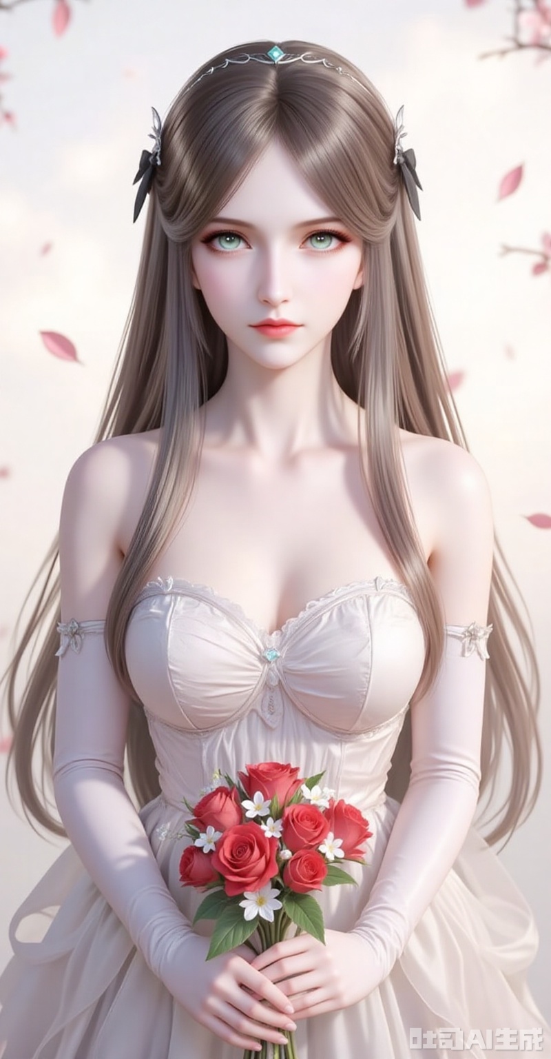 ningrongrong,1girl,solo,long hair,hair ornament,lips,closed mouth,brown hair,braid,blue eyes,green eyes,looking at viewer,
elbow_gloves,frilled_skirt,holding_bouquet,highres,cherry_blossoms,strapless_dress,white_gloves,looking_at_viewer,red_flower,solo,collarbone,own_hands_together,:d,white_background,backlighting,black_bow,bare_shoulders,frilled_dress,hair_bow,wedding_dress,commentary_request,1girl,petals,simple_background,blush,cowboy_shot, 
cover,gradient background,close-up details,outstanding style,adding a touch of dimension to your images without compromising details,close-up,white_background,simple background,lvjing
