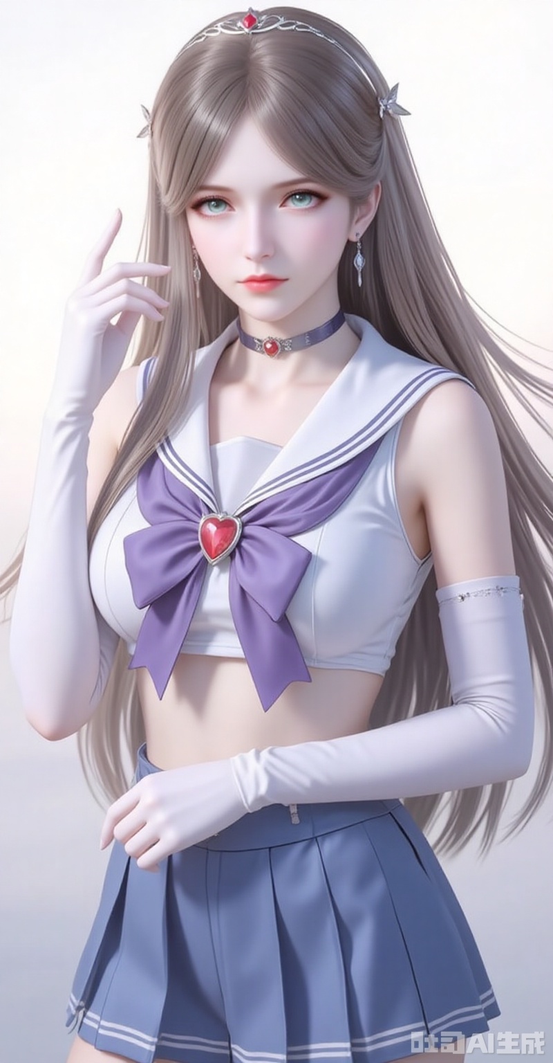 ningrongrong,1girl,solo,long hair,hair ornament,lips,closed mouth,brown hair,braid,blue eyes,green eyes,looking at viewer,
1girl,sailor senshi uniform,solo,jewelry,skirt,gloves,earrings,blue skirt,white gloves,sailor collar,bow,breasts,choker,elbow gloves,magical girl,back bow,covered navel,pleated skirt,looking at viewer,brooch,purple bow,heart brooch,red choker,miniskirt,closed mouth,large breasts,collarbone,red gemstone,tiara,cowboy shot, 
cover,gradient background,close-up details,outstanding style,adding a touch of dimension to your images without compromising details,close-up,white_background,simple background,lvjing
