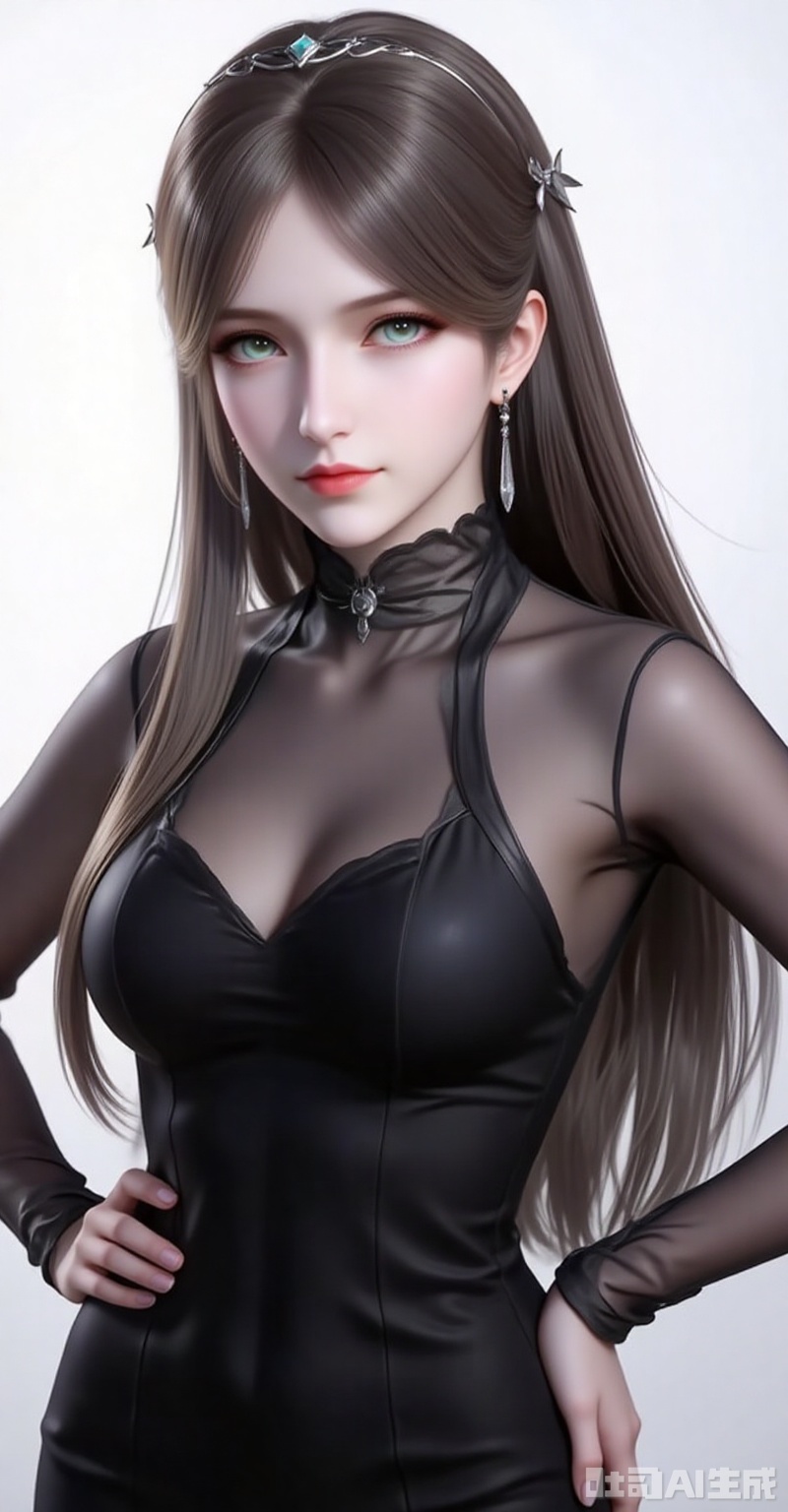 ningrongrong,1girl,solo,long hair,hair ornament,lips,closed mouth,brown hair,braid,blue eyes,green eyes,looking at viewer,
1girl,solo,jewelry,earrings,see-through,dress,upper body,black dress,hand on own hip,breasts,see-through sleeves, 
cover,gradient background,close-up details,outstanding style,adding a touch of dimension to your images without compromising details,close-up,white_background,simple background,lvjing
