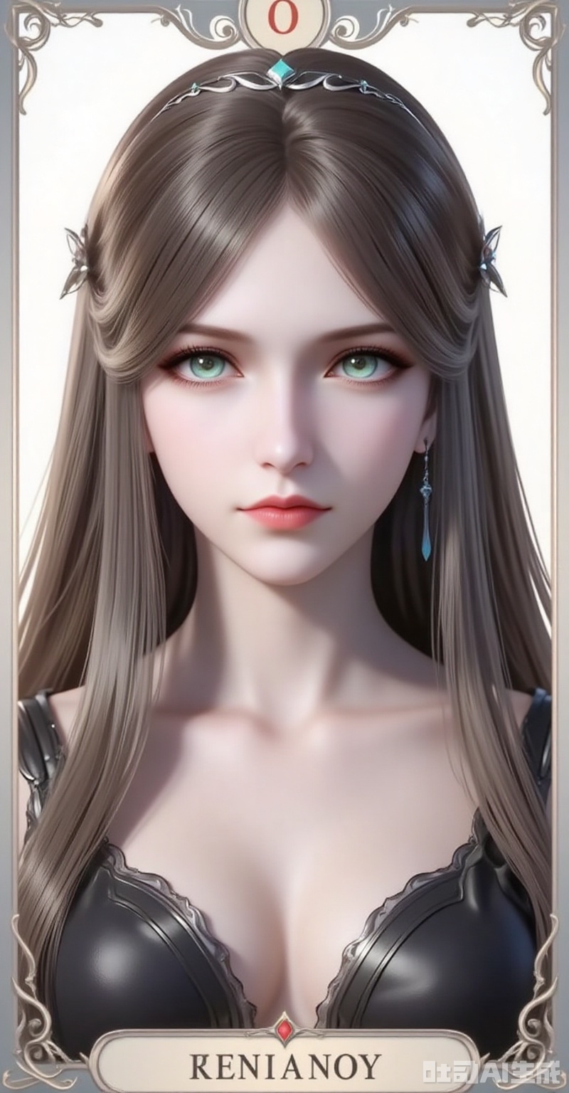 ningrongrong,1girl,solo,long hair,hair ornament,lips,closed mouth,brown hair,braid,blue eyes,green eyes,looking at viewer,
1girl,solo,earrings,jewelry,looking at viewer,breasts,tarot,collarbone,upper body,dress,closed mouth,card \(medium\),tarot \(medium\),frills,border,
cover,gradient background,close-up details,outstanding style,adding a touch of dimension to your images without compromising details,close-up,white_background,simple background,lvjing
