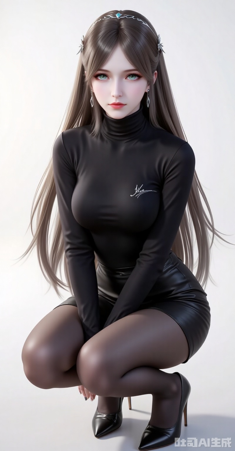 ningrongrong,1girl,solo,long hair,hair ornament,lips,closed mouth,brown hair,braid,blue eyes,green eyes,looking at viewer,
1girl,solo,pantyhose,high heels,looking at viewer,black footwear,squatting,sweater,quad tails,full body,parted lips,black sweater,earrings,signature,black nails,long sleeves,parted bangs,jewelry,pencil skirt,skirt,bangs,turtleneck,nail polish,black pantyhose,dress,
cover,gradient background,close-up details,outstanding style,adding a touch of dimension to your images without compromising details,close-up,white_background,simple background,lvjing
