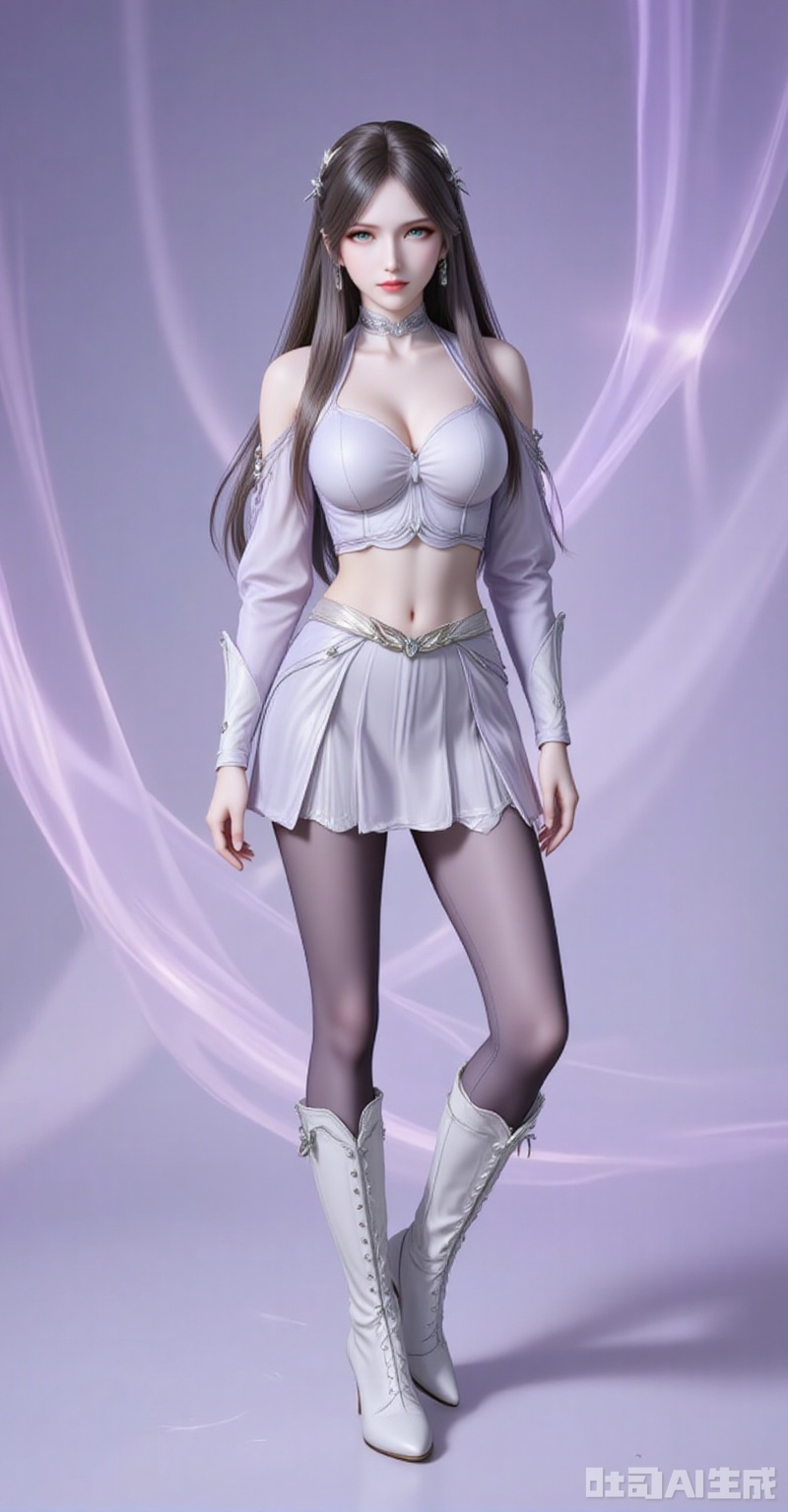 ningrongrong,1girl,solo,long hair,hair ornament,lips,closed mouth,brown hair,braid,blue eyes,green eyes,looking at viewer,
chen,1girl,solo,boots,midriff,high heels,navel,high heel boots,long sleeves,crop top,breasts,skirt,pantyhose,white footwear,knee boots,detached sleeves,full body,purple background,standing,standing,
cover,gradient background,close-up details,outstanding style,adding a touch of dimension to your images without compromising details,close-up,white_background,simple background,lvjing
