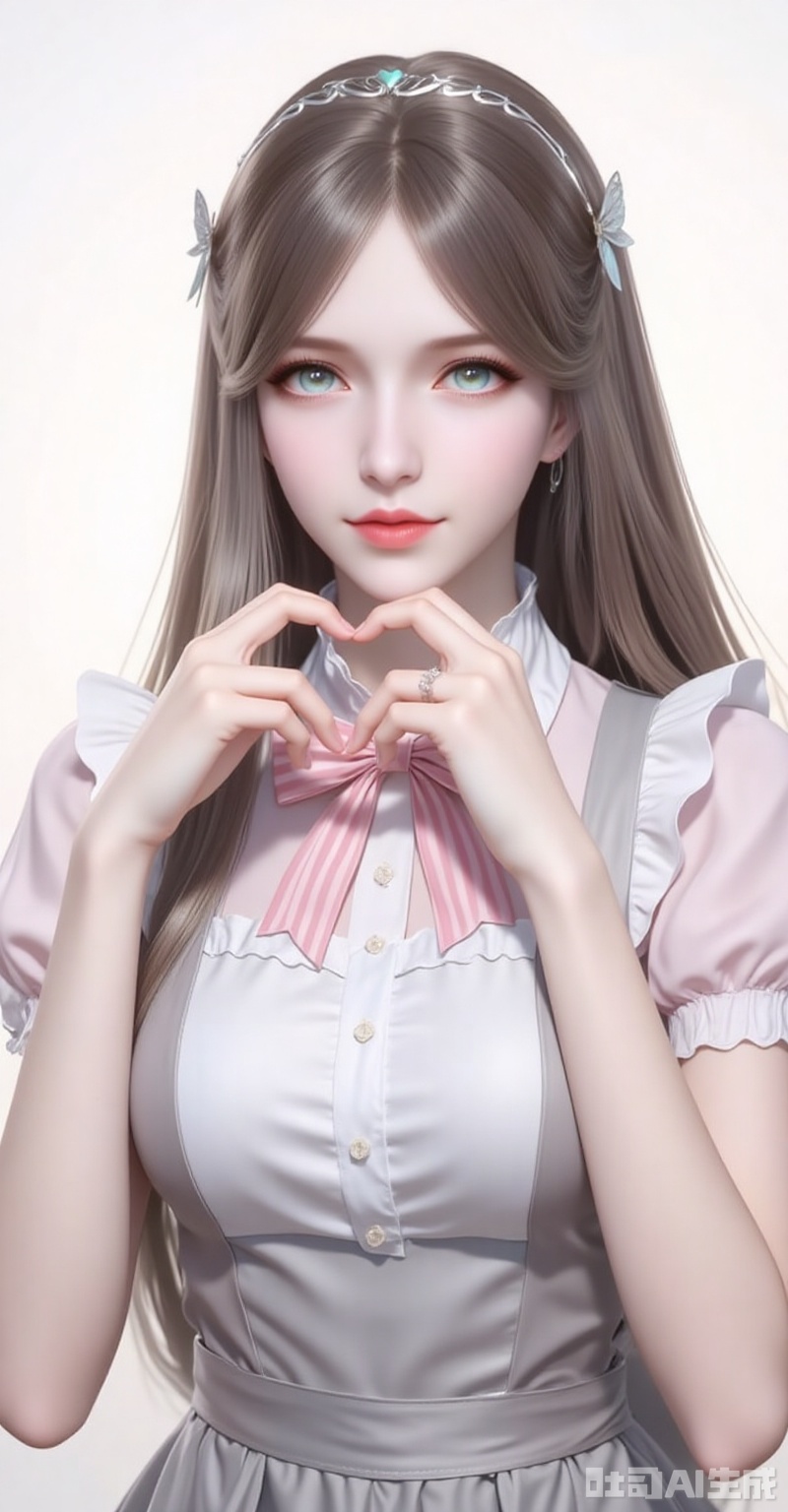 ningrongrong,1girl,solo,long hair,hair ornament,lips,closed mouth,brown hair,braid,blue eyes,green eyes,looking at viewer,
1girl,solo,bandaid on hand,butterfly hair ornament,heart,long hair,apron,open mouth,pink bowtie,hair ornament,white background,pink bow,short sleeves,dress,simple background,bow,striped bow,hair between eyes,bandaid,shadow,puffy sleeves,frills,puffy short sleeves,heart hands,bowtie,hands up,grey apron,smile,looking at viewer,striped bowtie,symbol-shaped pupils,heart-shaped pupils,symbol in eye,tongue,grey bow,
cover,gradient background,close-up details,outstanding style,adding a touch of dimension to your images without compromising details,close-up,white_background,simple background,lvjing
