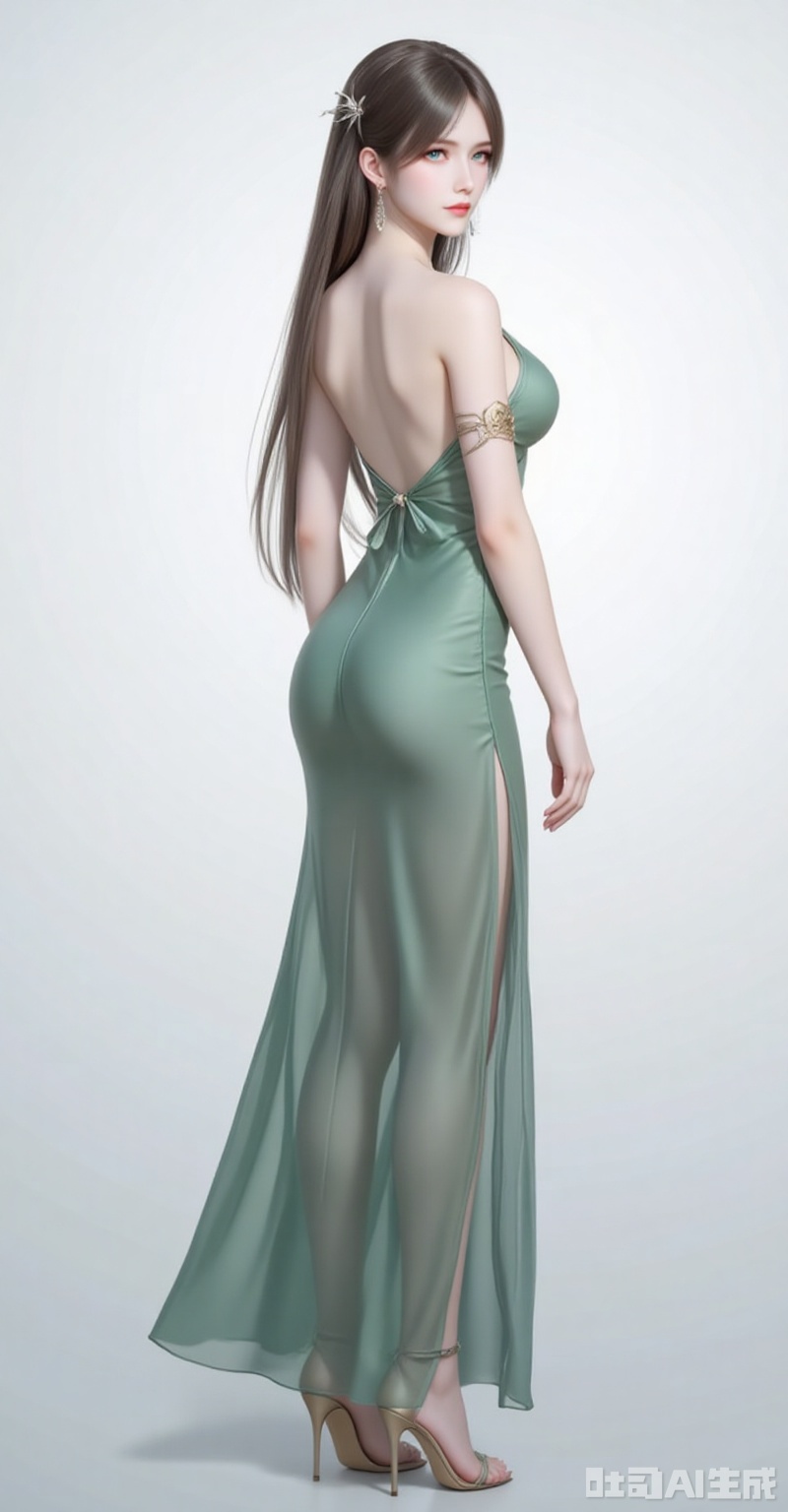 ningrongrong,1girl,solo,long hair,hair ornament,lips,closed mouth,brown hair,braid,blue eyes,green eyes,looking at viewer,
1girl,dress,solo,high heels,green dress,jewelry,breasts,full body,earrings,backless dress,standing,from side,legs,backless outfit,bare shoulders,ass,looking at viewer,armlet,sandals,bare legs,side slit,
cover,gradient background,close-up details,outstanding style,adding a touch of dimension to your images without compromising details,close-up,white_background,simple background,lvjing
