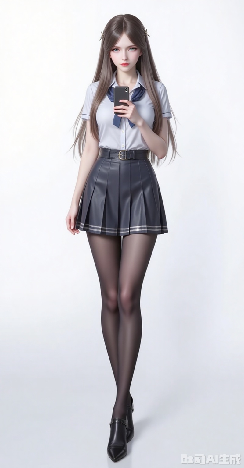 ningrongrong,1girl,solo,long hair,hair ornament,lips,closed mouth,brown hair,braid,blue eyes,green eyes,looking at viewer,
1girl, pantyhose, solo, school uniform, skirt, phone, selfie, cellphone, serafuku, smartphone, holding phone, black pantyhose, high heels, full body, holding, bow, crossed legs, standing, 3/4 view ,
cover,gradient background,close-up details,outstanding style,adding a touch of dimension to your images without compromising details,close-up,white_background,simple background,lvjing
